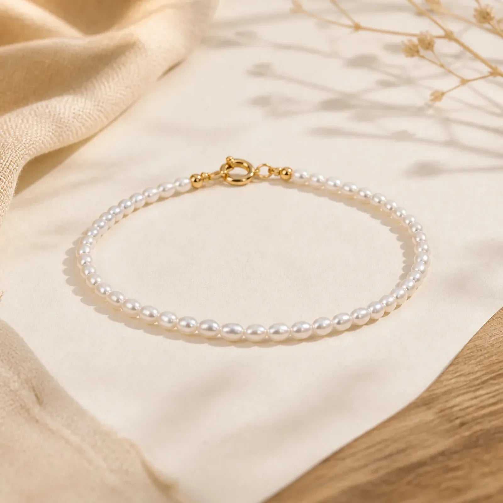 2mm Natural Pearl Ultra-thin Beads 14k Gold Plated Copper Wisdom Bracelet featuring Pearl, Copper
