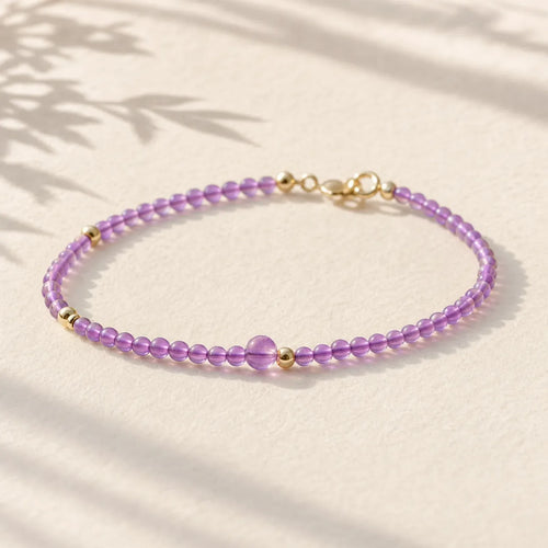 2mm Ultra-Thin Beads Natural Amethyst 14k Gold Plated Copper Inner Peace Meditation Bracelet featuring Amethyst, Copper