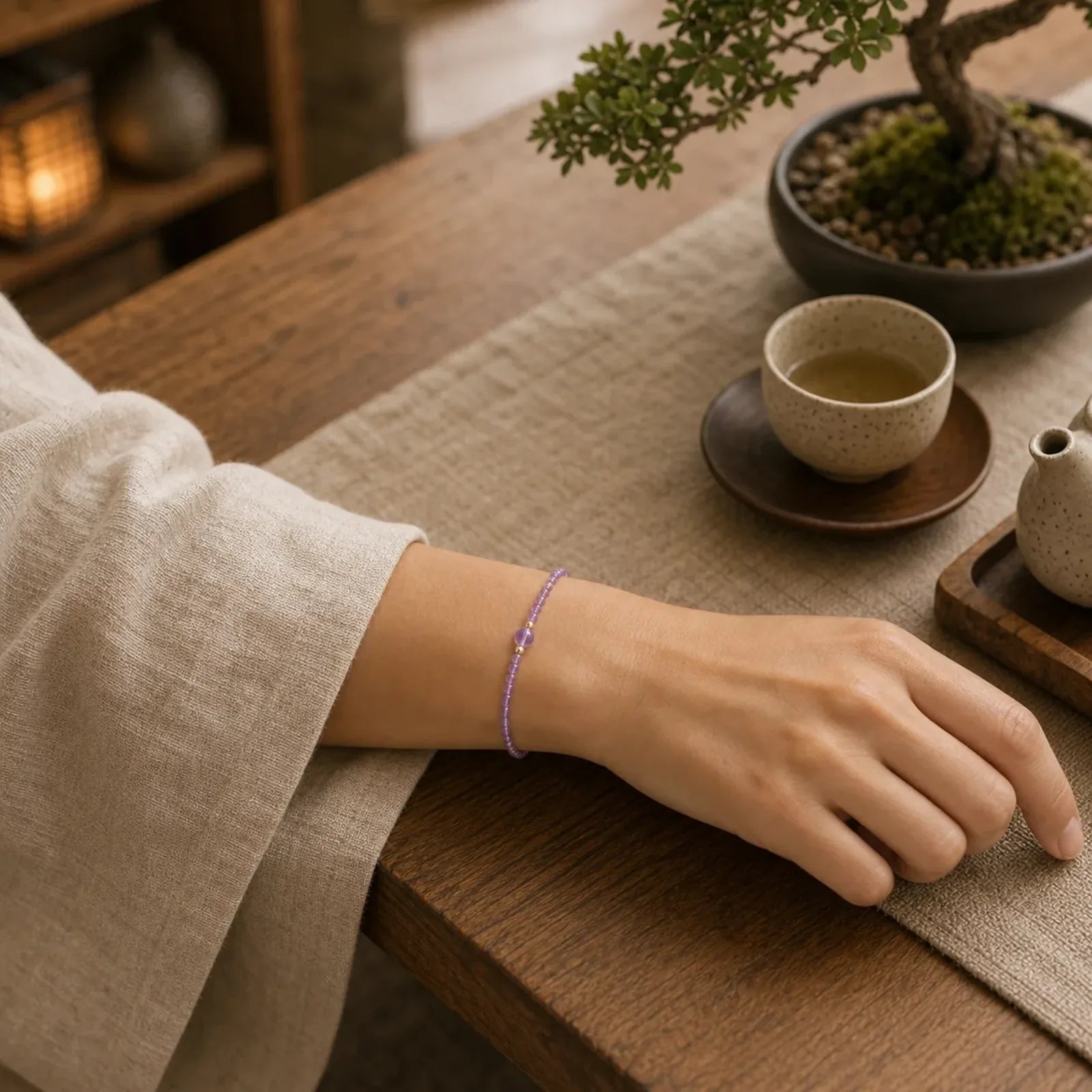 2mm Ultra-Thin Beads Natural Amethyst 14k Gold Plated Copper Inner Peace Meditation Bracelet featuring Amethyst, Copper