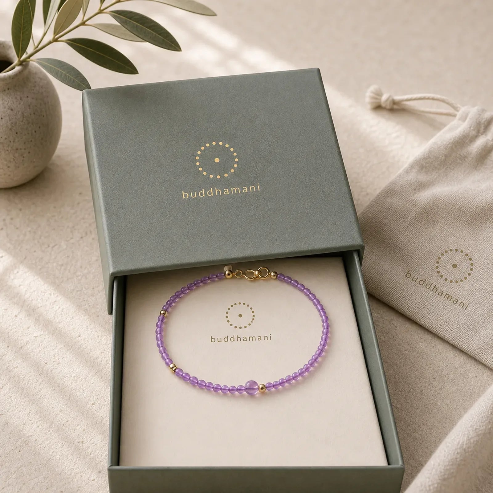 2mm Ultra-Thin Beads Natural Amethyst 14k Gold Plated Copper Inner Peace Meditation Bracelet featuring Amethyst, Copper