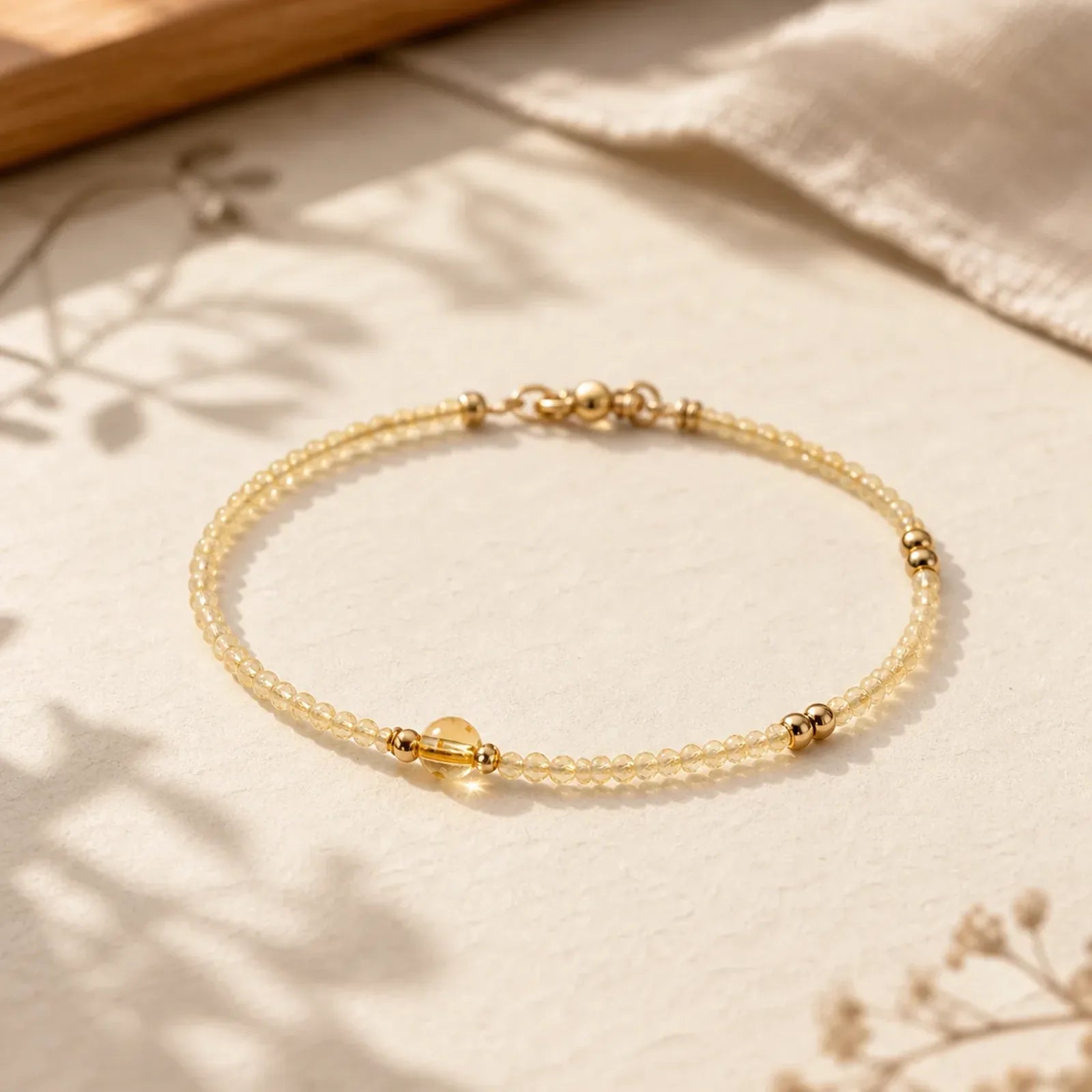 2mm Ultra-thin Citrine 14K Gold Plated Copper Beads Protection Bracelet featuring Citrine, Copper, Red Agate