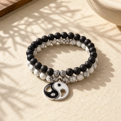 2pcs Natural Black Onyx White Turquoise Bead Yin Yang Couple Bracelet featuring Black Onyx, White Turquoise, Turquoise