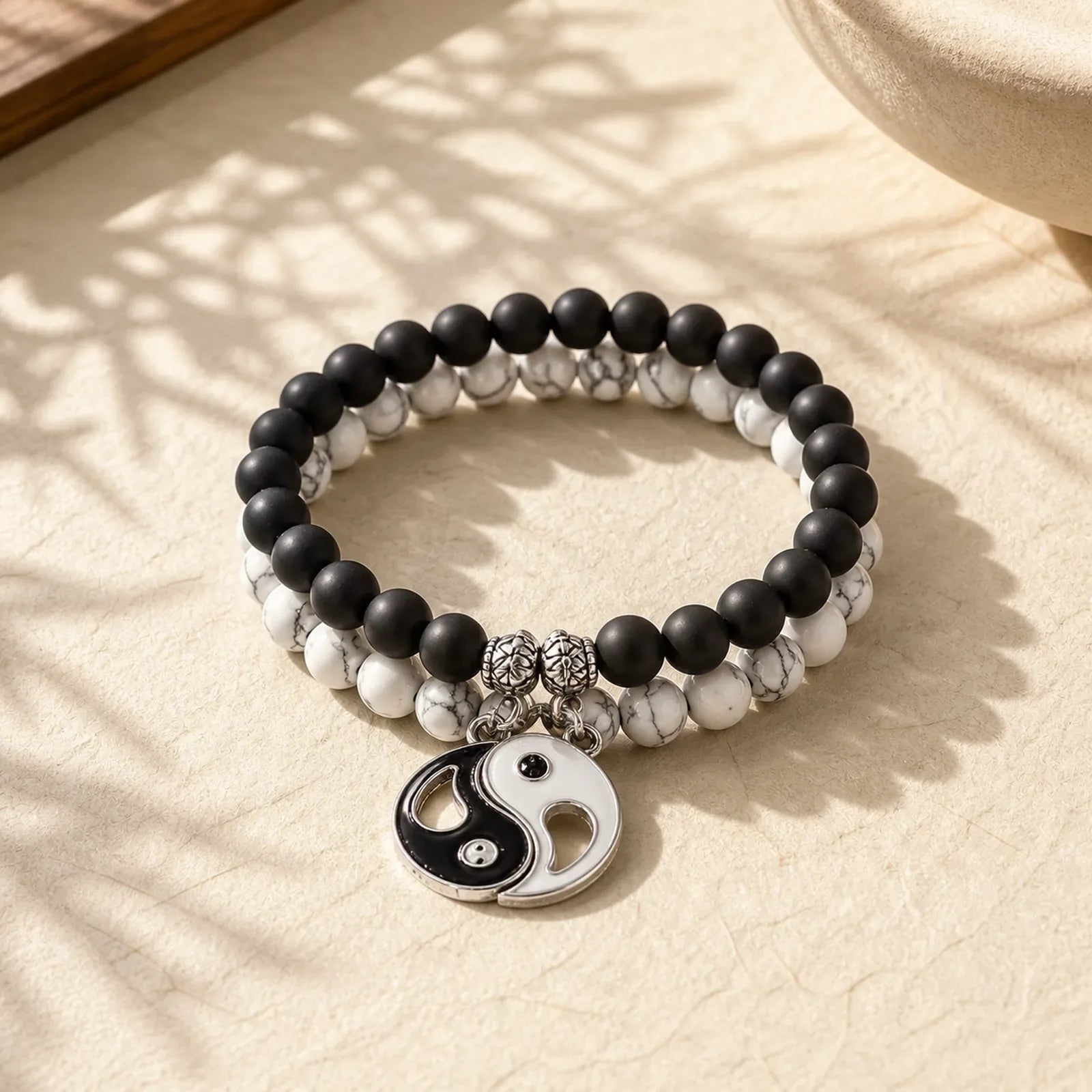 2pcs Natural Black Onyx White Turquoise Bead Yin Yang Couple Bracelet featuring Black Onyx, White Turquoise, Turquoise