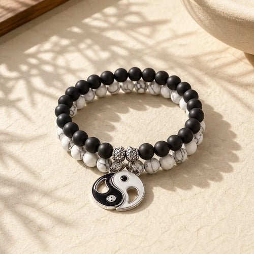 2pcs Natural Black Onyx White Turquoise Bead Yin Yang Couple Bracelet featuring Black Onyx, White Turquoise, Turquoise