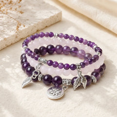 3PCS Natural Quartz Crystal Beaded Healing Energy Lotus Bracelet featuring Lotus, Amethyst, Black Obsidian