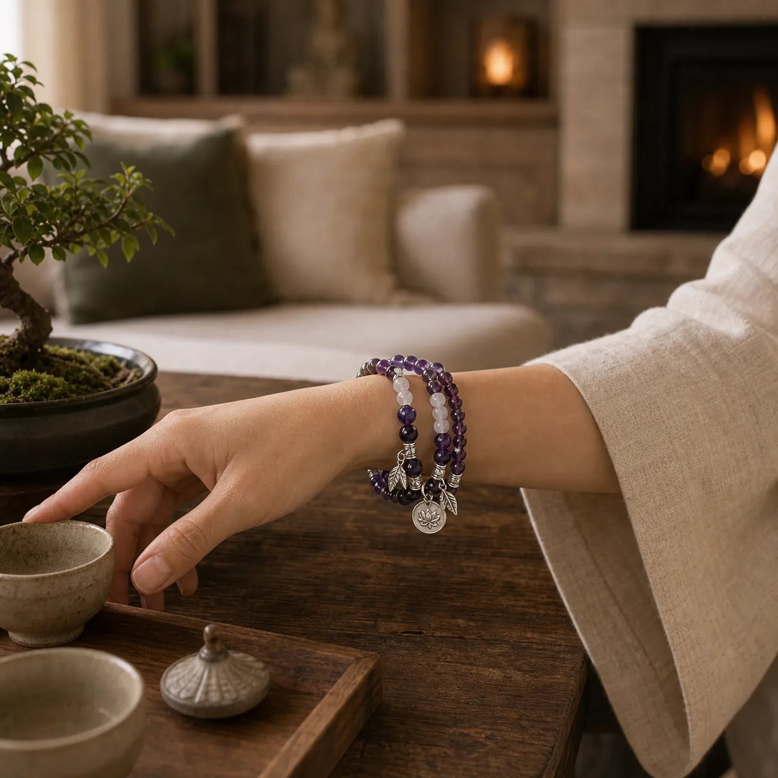 3PCS Natural Quartz Crystal Beaded Healing Energy Lotus Bracelet featuring Lotus, Amethyst, Black Obsidian