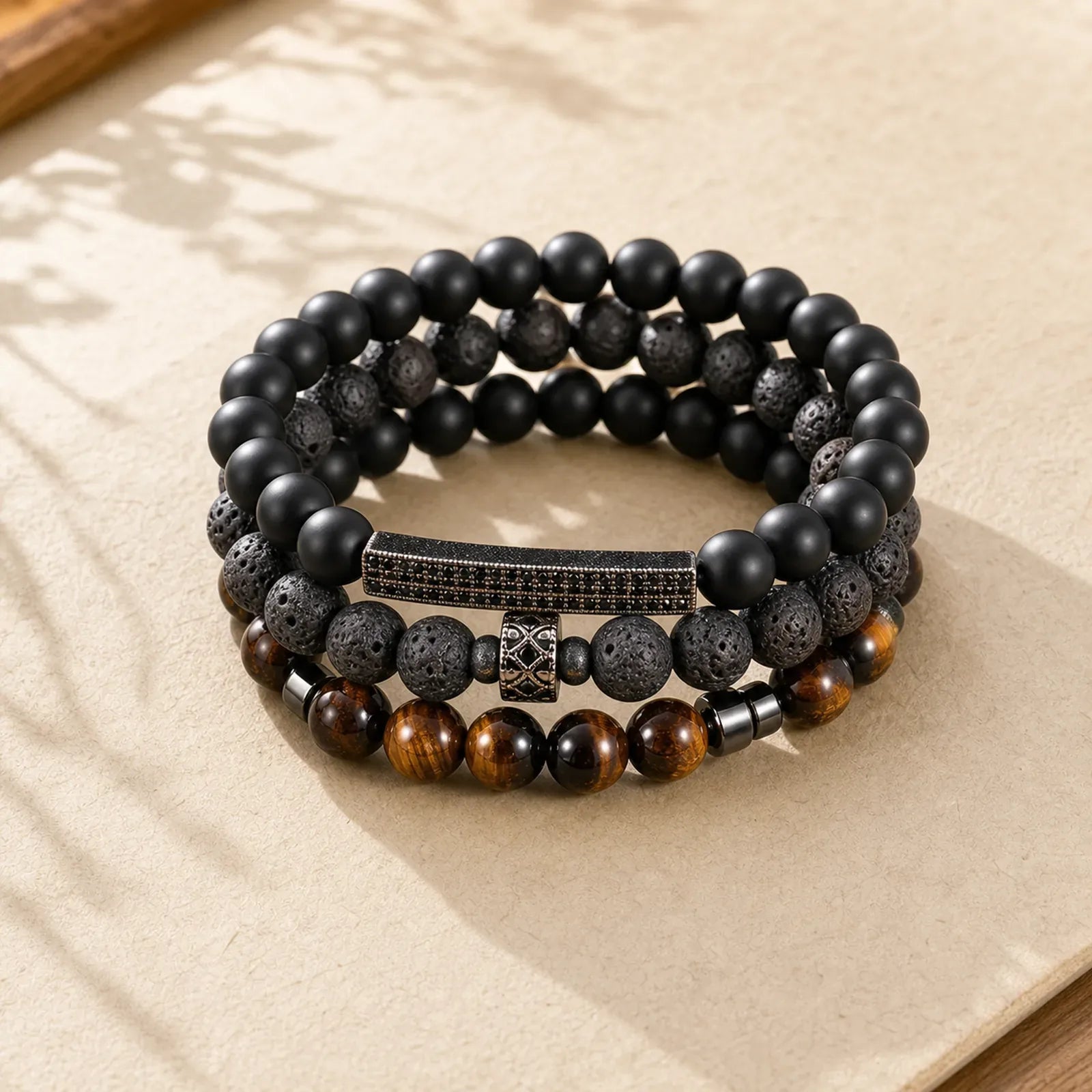 3Pcs Frosted Stone Lava Rock Tiger Eye Activate Bracelet featuring Frosted Stone, Lava Rock, Tiger Eye