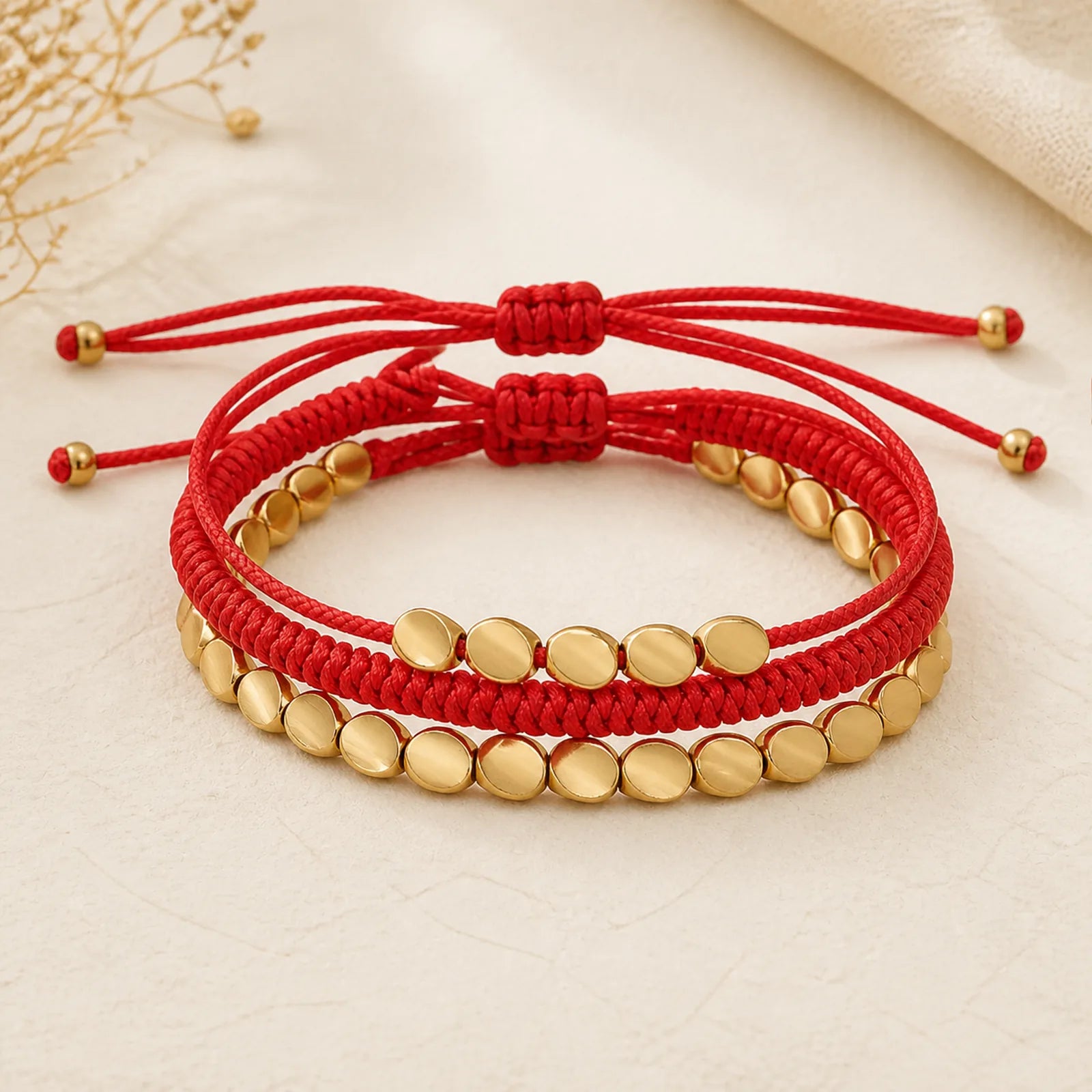 3Pcs Golden Copper Beads Red String Luck Bracelet featuring Copper, Red String