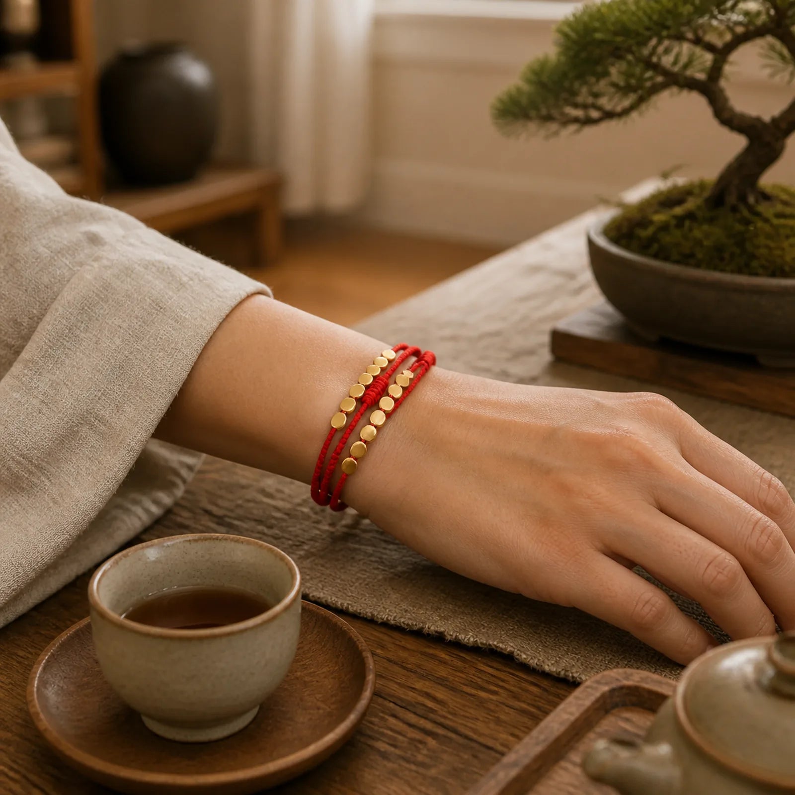 3Pcs Golden Copper Beads Red String Luck Bracelet featuring Copper, Red String