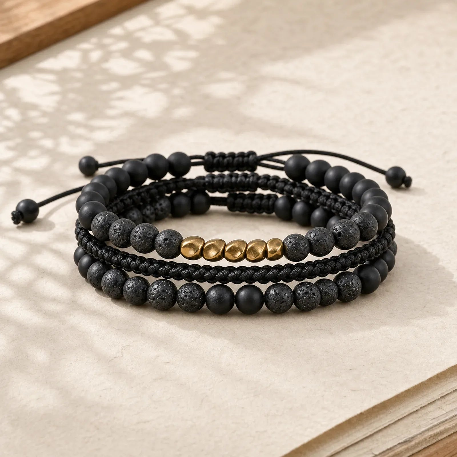 3Pcs Lava Rock Black Onyx Frosted Stone Bead Healing Bracelet featuring Lava Rock, Black Onyx, Frosted Stone