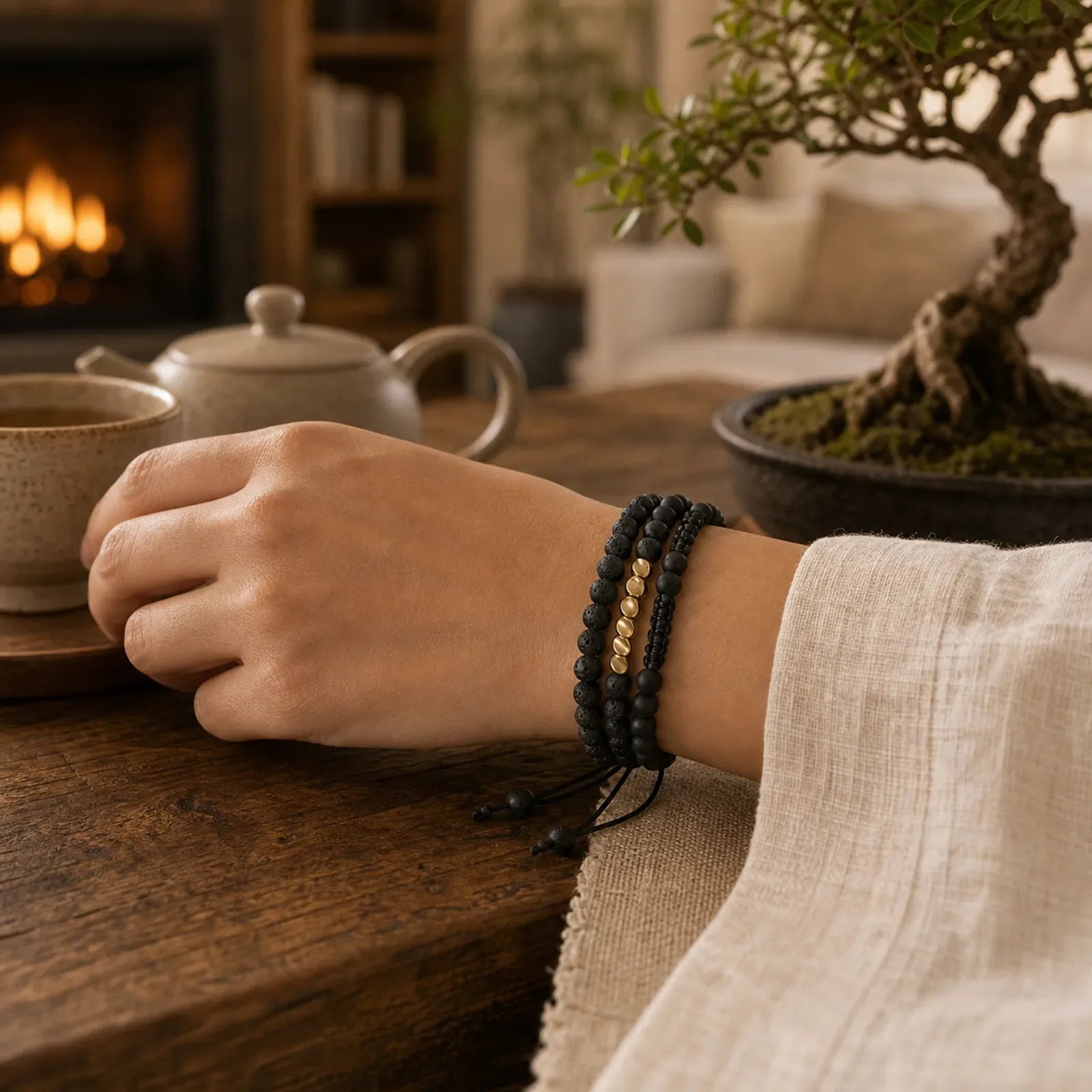 3Pcs Lava Rock Black Onyx Frosted Stone Bead Healing Bracelet featuring Lava Rock, Black Onyx, Frosted Stone