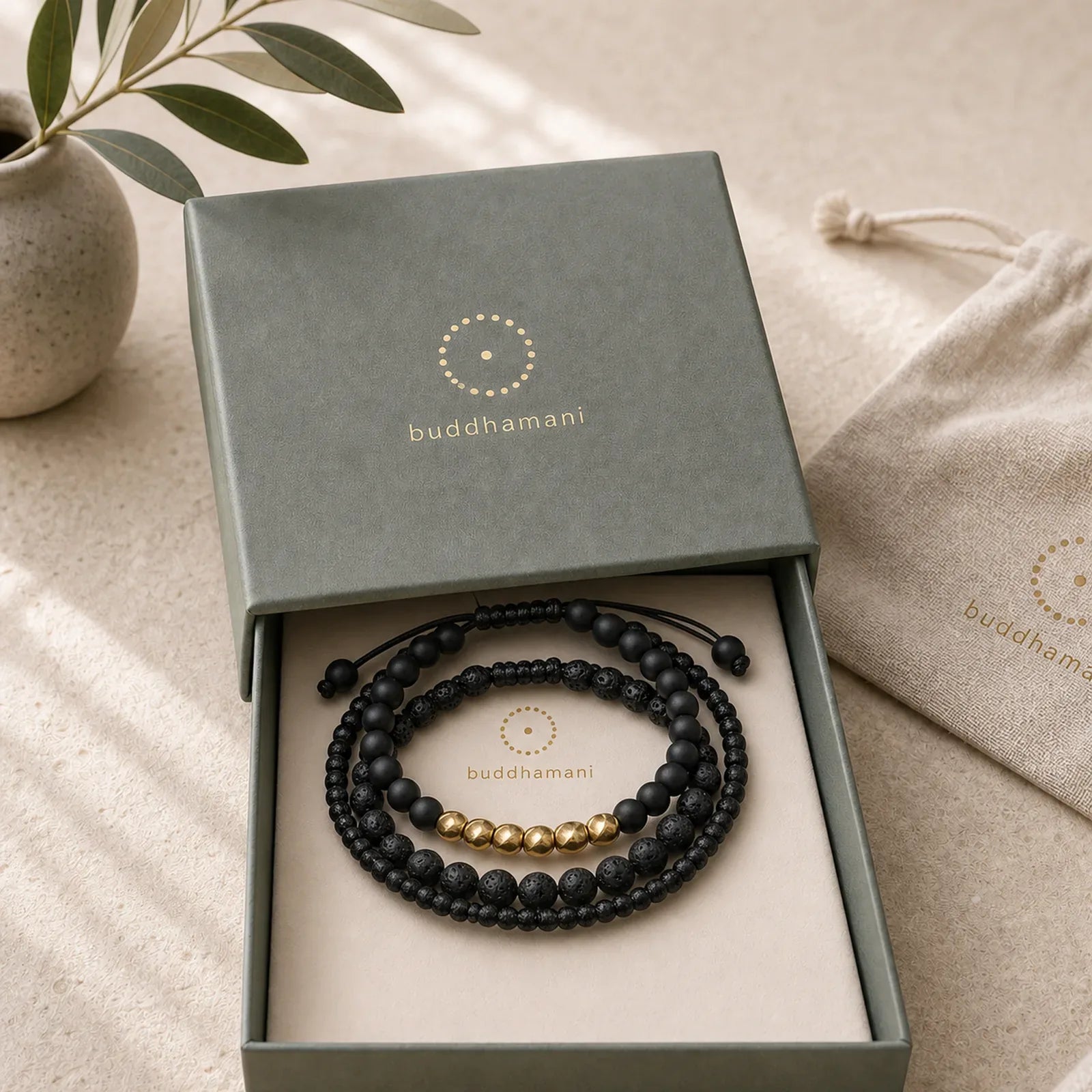 3Pcs Lava Rock Black Onyx Frosted Stone Bead Healing Bracelet featuring Lava Rock, Black Onyx, Frosted Stone