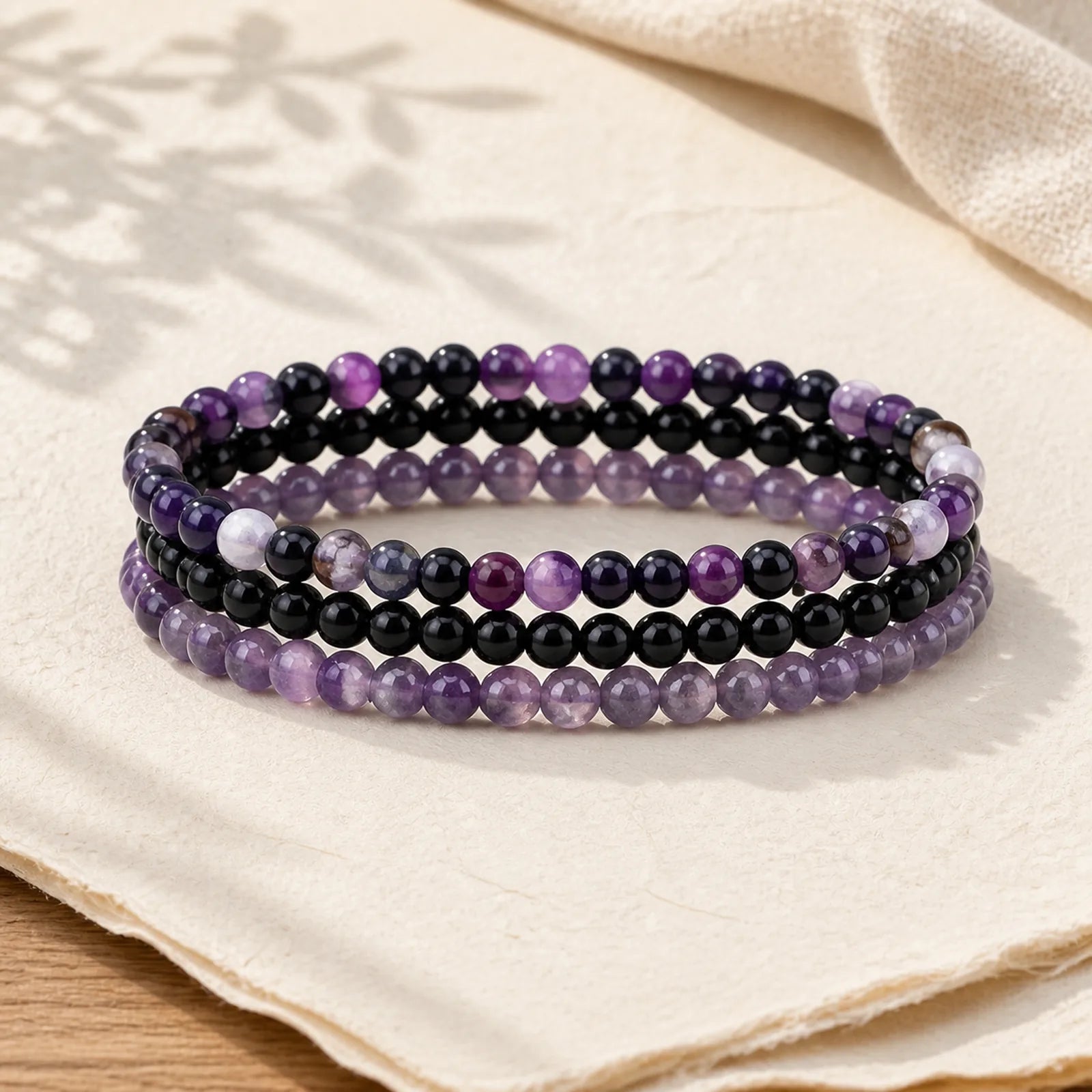 3Pcs Natural Crystal Stone Inner Peace Spiritual Bracelet featuring Amethyst, Rhodonite, Pink Crystal