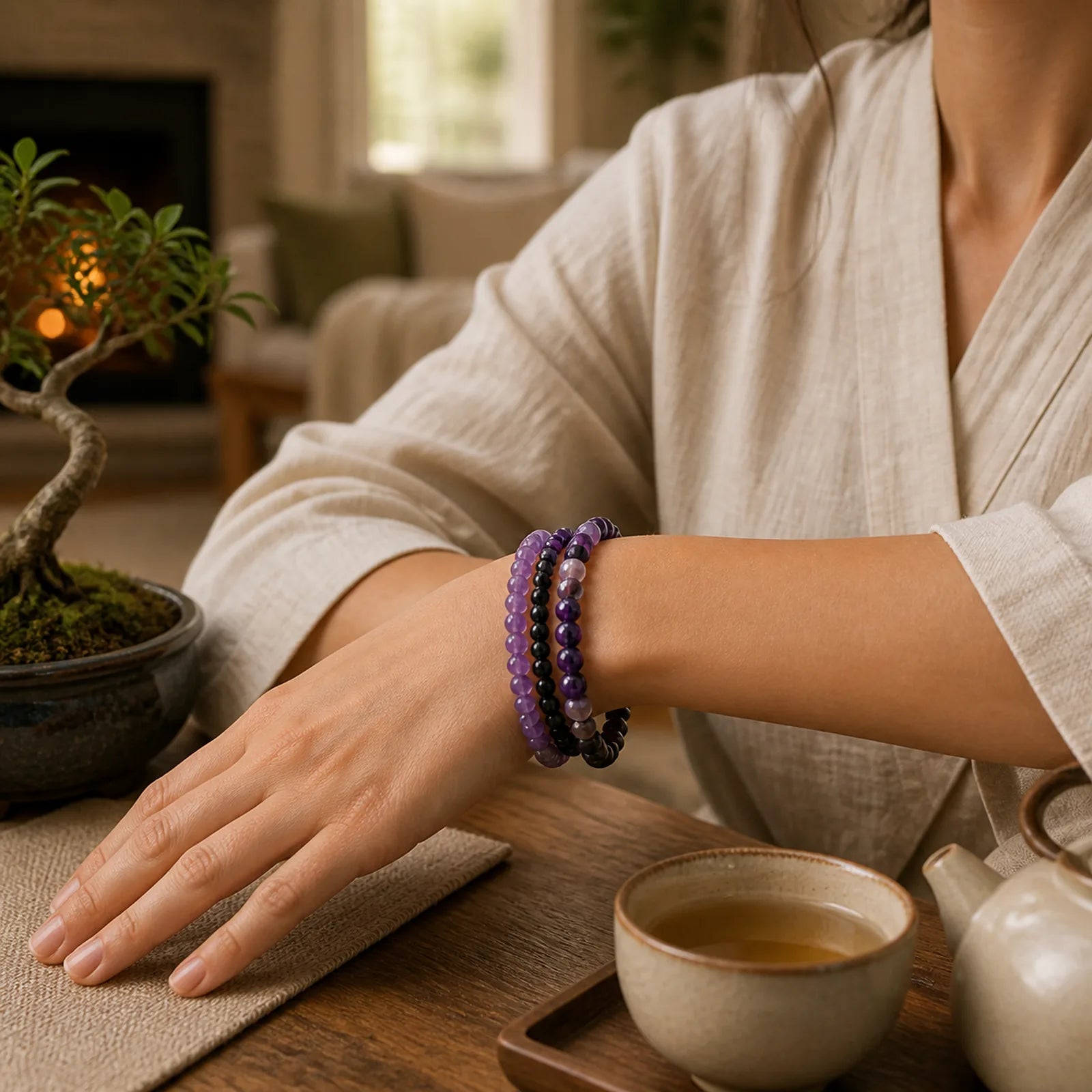 3Pcs Natural Crystal Stone Inner Peace Spiritual Bracelet featuring Amethyst, Rhodonite, Pink Crystal