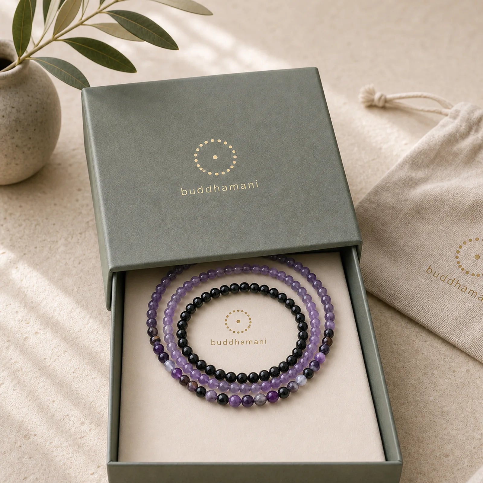 3Pcs Natural Crystal Stone Inner Peace Spiritual Bracelet featuring Amethyst, Rhodonite, Pink Crystal