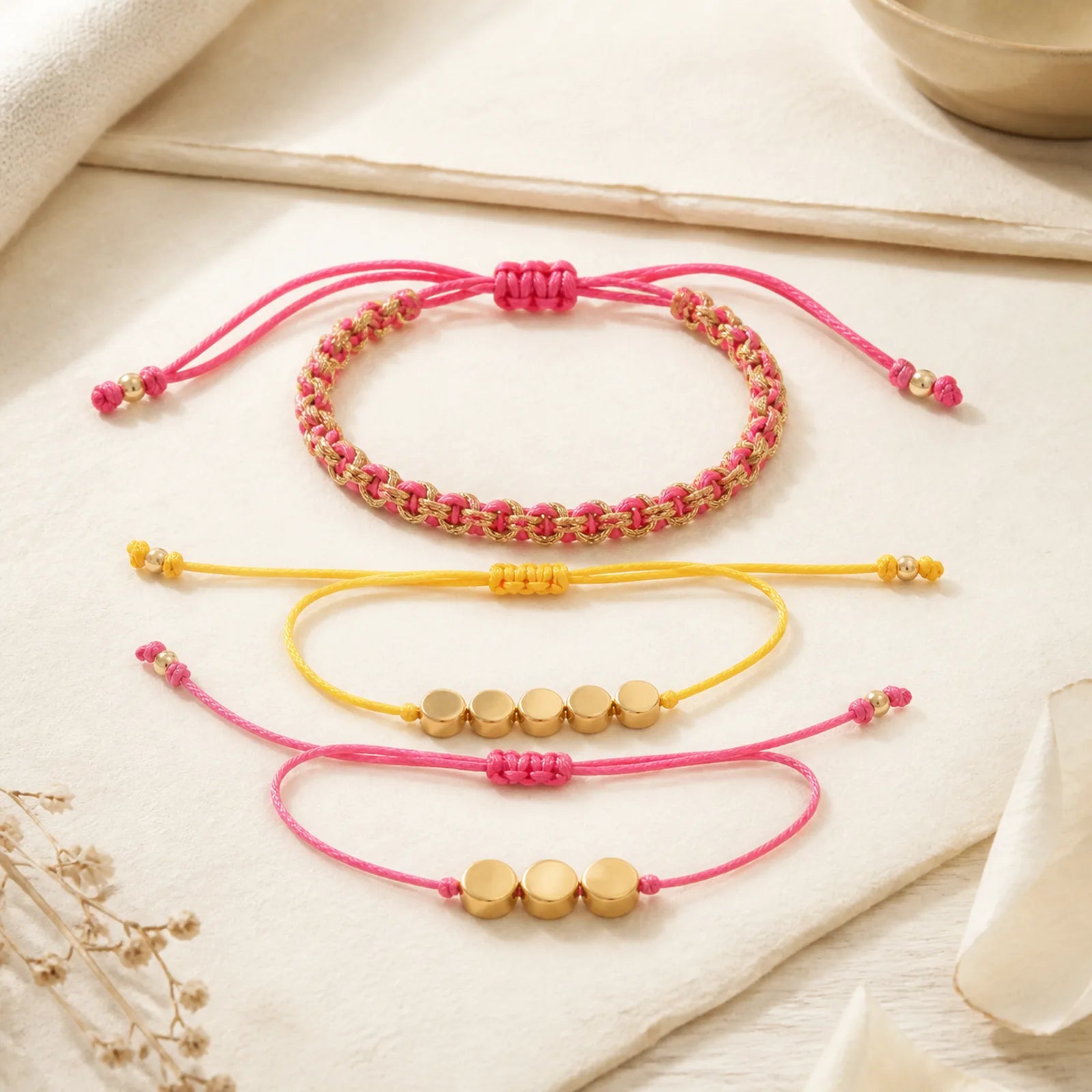 3Pcs Pink Yellow String Golden Copper Beads Wealth Bracelet featuring Copper
