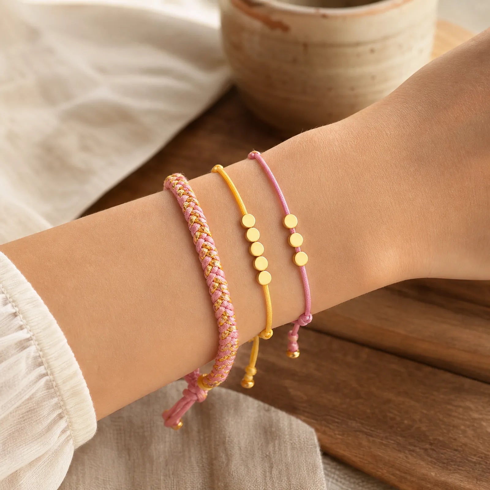 3Pcs Pink Yellow String Golden Copper Beads Wealth Bracelet featuring Copper