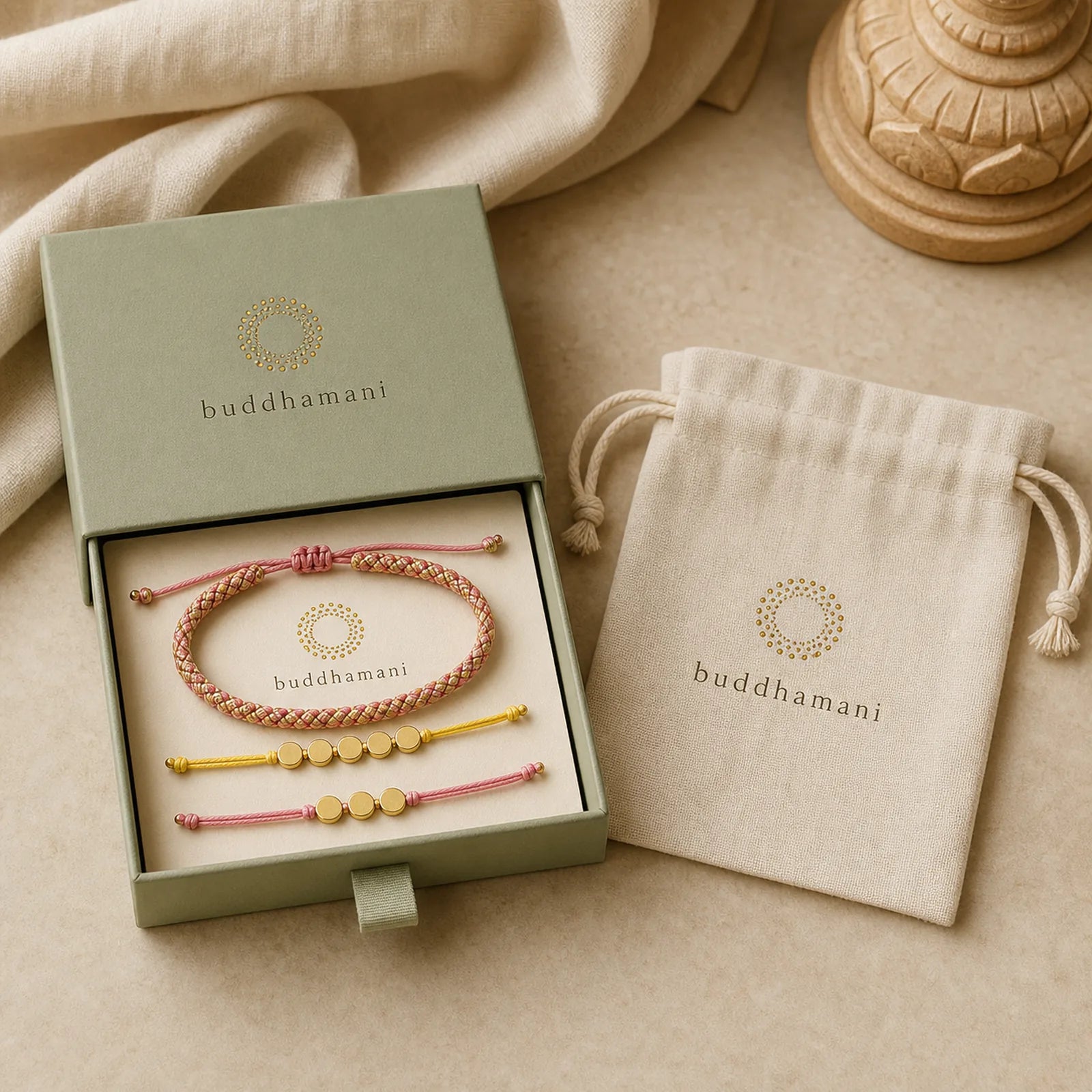 3Pcs Pink Yellow String Golden Copper Beads Wealth Bracelet featuring Copper