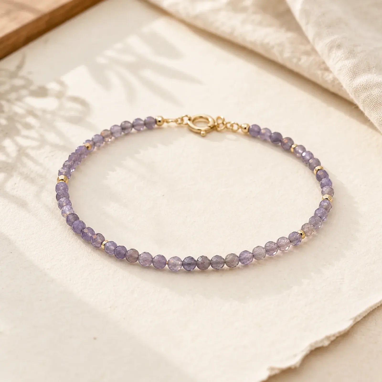 3mm Amethyst Iolite Ultra-thin Beads 14k Gold Plated Copper Communication Bracelet featuring Amethyst, Copper
