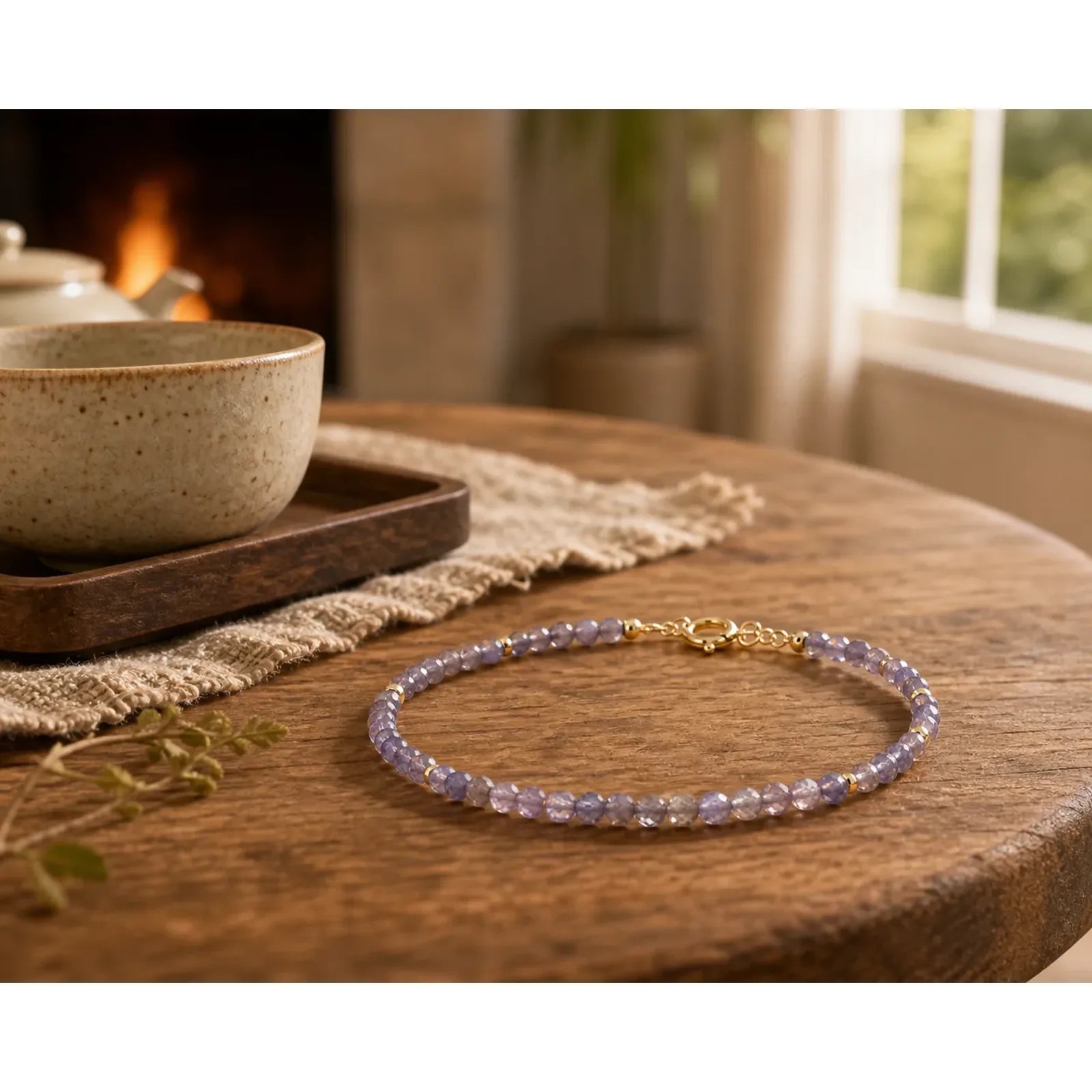 3mm Amethyst Iolite Ultra-thin Beads 14k Gold Plated Copper Communication Bracelet featuring Amethyst, Copper
