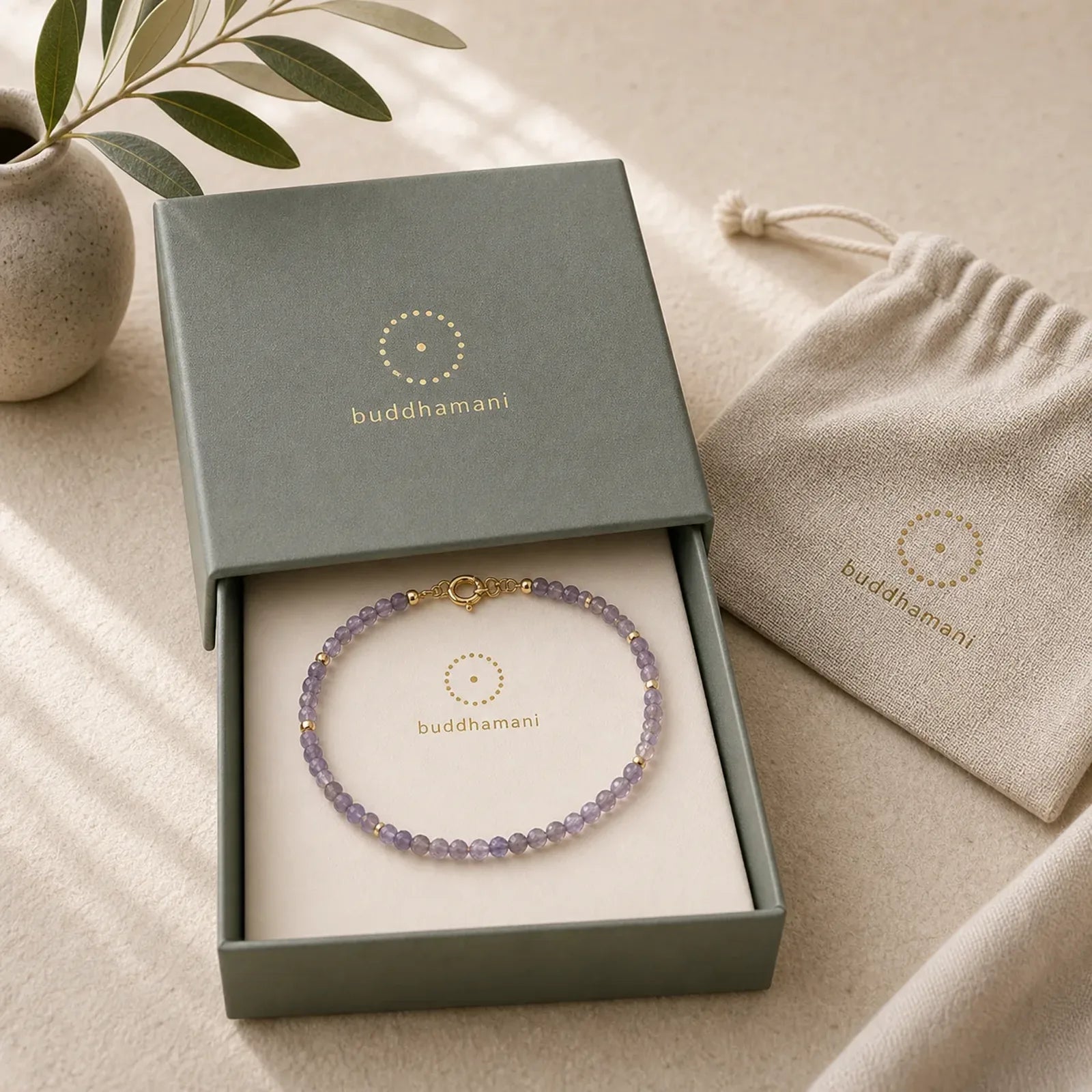 3mm Amethyst Iolite Ultra-thin Beads 14k Gold Plated Copper Communication Bracelet featuring Amethyst, Copper