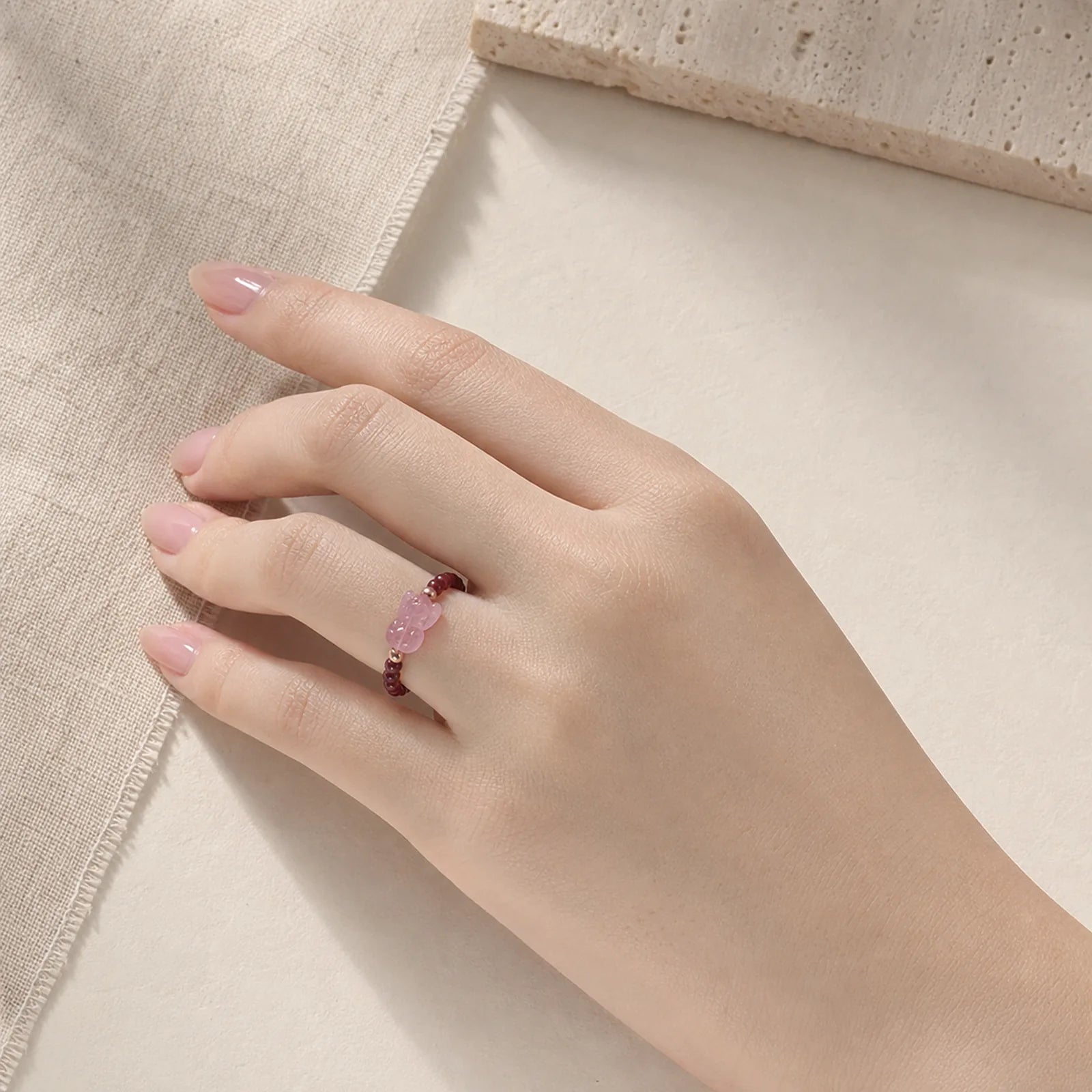 3mm Mini Beads Natural Moonstone Tourmaline Garnet Pearl Strawberry Quartz PiXiu Healing Elastic Ring featuring Moonstone, Tourmaline, Garnet