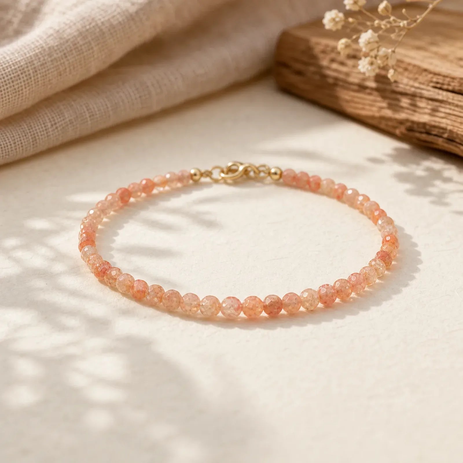 3mm Sun Stone Ultra-thin Beads 14k Gold Plated Copper Wealth Bracelet featuring Sun Stone, Copper