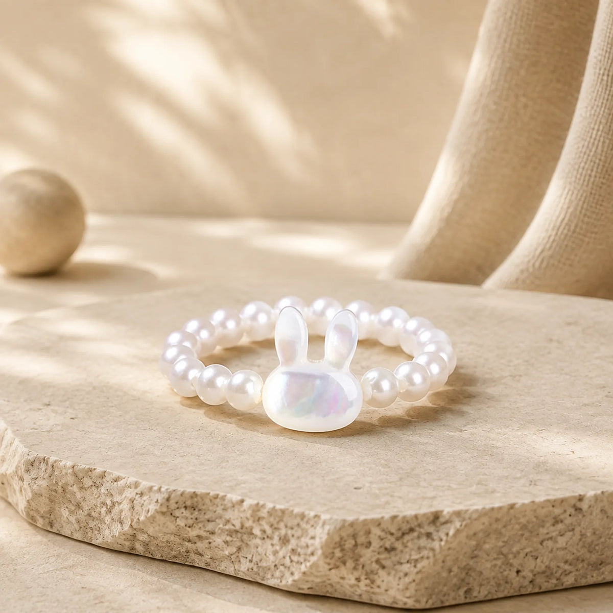 3mm Tridacna Stone Bead Rabbit Blessing Elastic Ring featuring Tridacna Stone