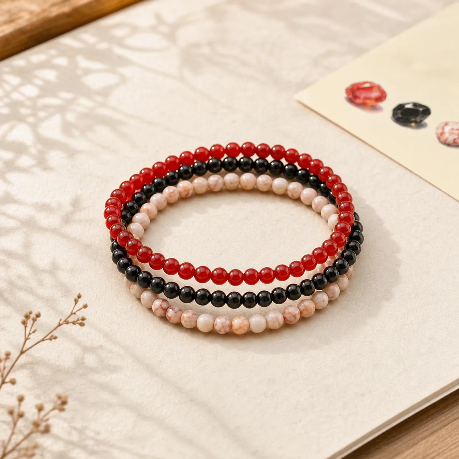 3pcs "Awaken Your Courage" Red Agate Calm Bracelet Includes Gift Message Card featuring Red Agate, Black Obsidian, Red Network Stone