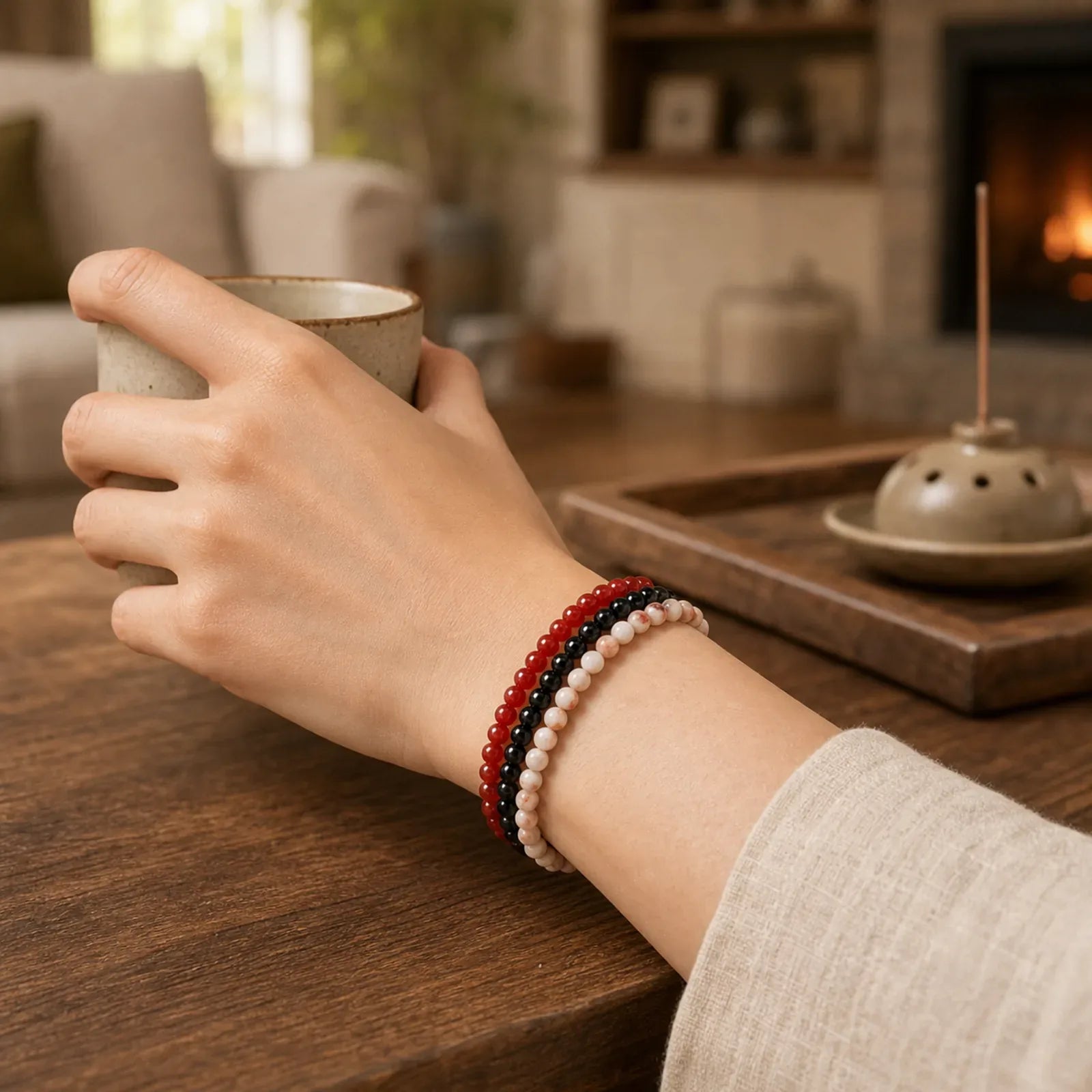 3pcs "Awaken Your Courage" Red Agate Calm Bracelet Includes Gift Message Card featuring Red Agate, Black Obsidian, Red Network Stone