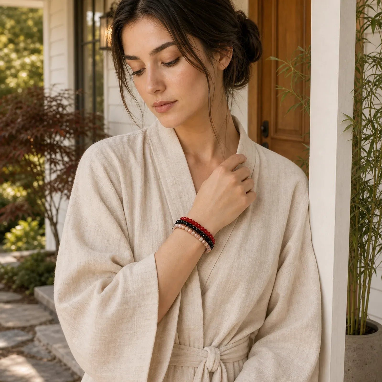 3pcs "Awaken Your Courage" Red Agate Calm Bracelet Includes Gift Message Card featuring Red Agate, Black Obsidian, Red Network Stone