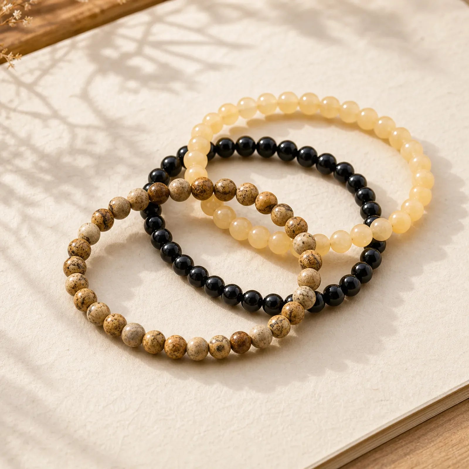 3pcs "Clear the Mental Path" Picture Jasper Wisdom Bracelet Includes Gift Message Card featuring Picture Jasper, Black Obsidian, Topaz