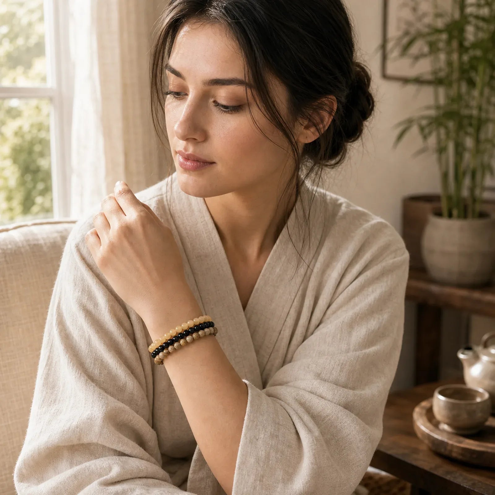 3pcs "Clear the Mental Path" Picture Jasper Wisdom Bracelet Includes Gift Message Card featuring Picture Jasper, Black Obsidian, Topaz