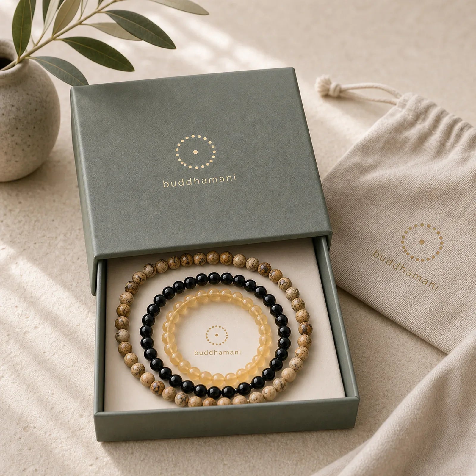 3pcs "Clear the Mental Path" Picture Jasper Wisdom Bracelet Includes Gift Message Card featuring Picture Jasper, Black Obsidian, Topaz