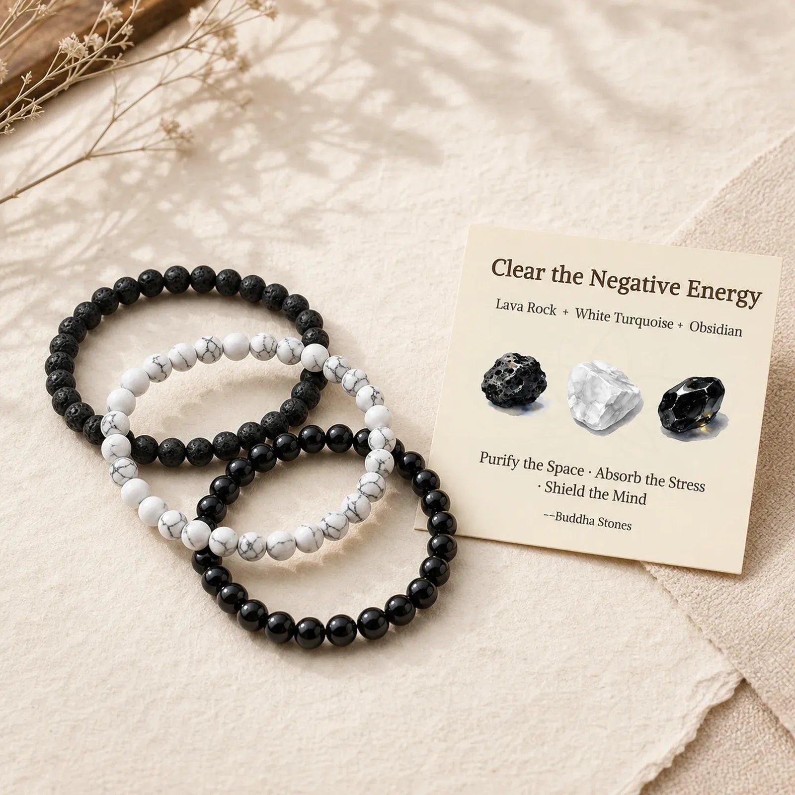 3pcs "Clear the Negative Energy" Lava Rock Support Bracelet Includes Gift Message Card featuring Lava Rock, White Turquoise, Turquoise