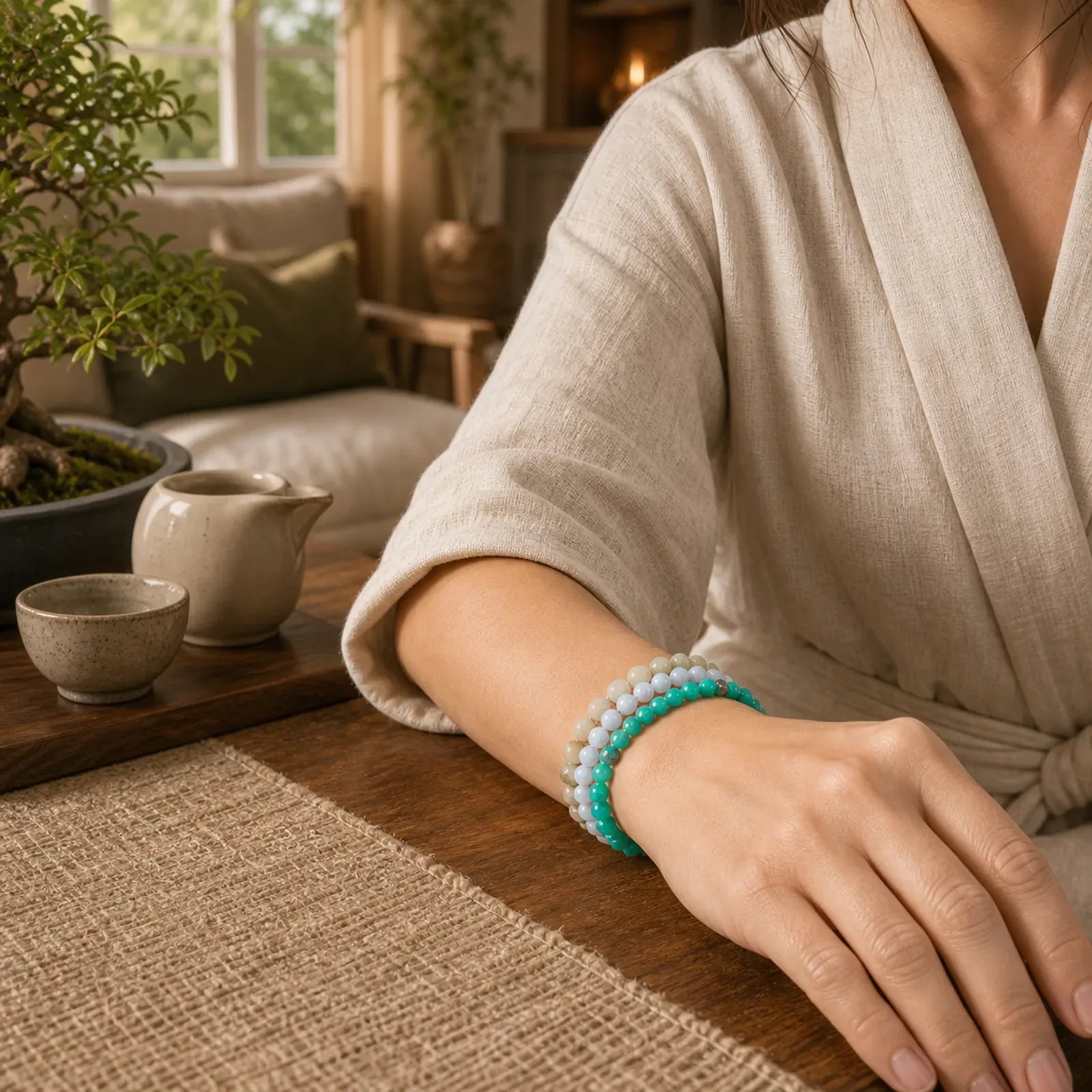 3pcs "Ease Emotional Waves" Amazonite Relax Bracelet Includes Gift Message Card featuring Amazonite, Aquamarine, Shoushan Stone