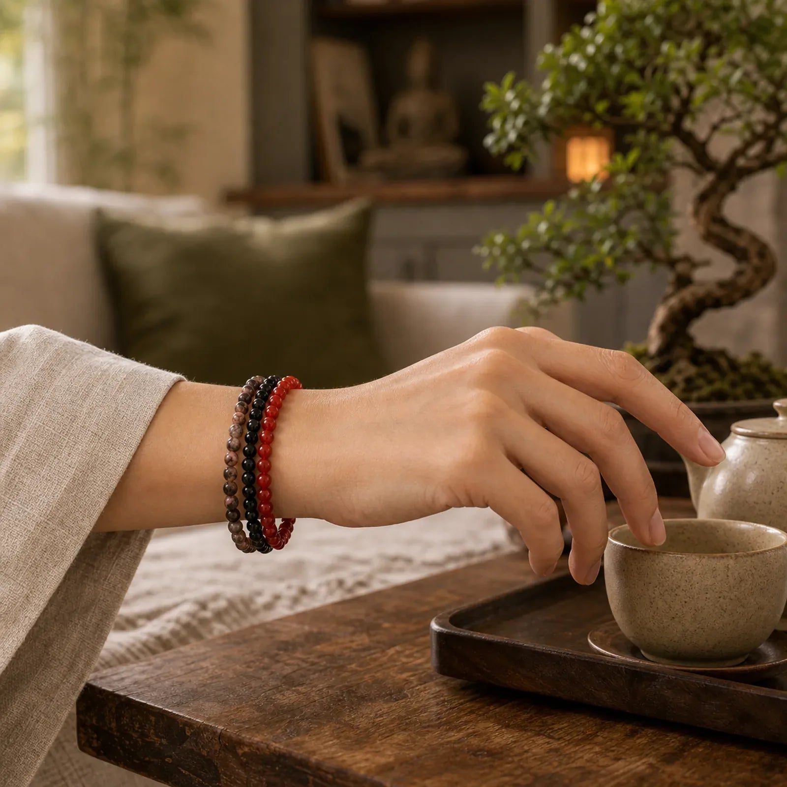 3pcs "Embrace Inner Power" Red Agate Confidence Bracelet Includes Gift Message Card featuring Red Agate, Black Obsidian, Rhodonite