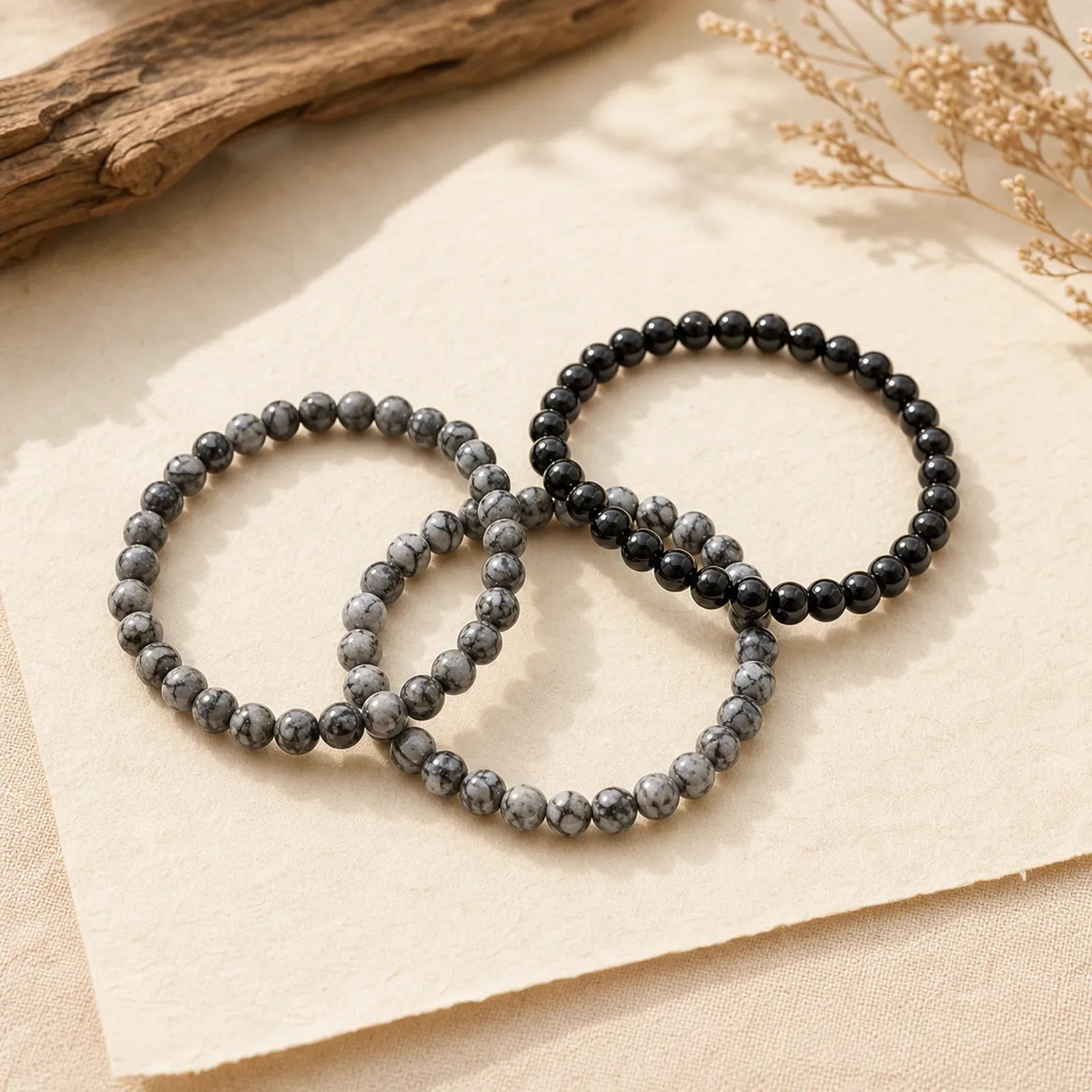 3pcs "Filter the Heavy" Black Veined Strength Bracelet Includes Gift Message Card featuring Black Veined Jasper, Grey Jasper, Black Obsidian