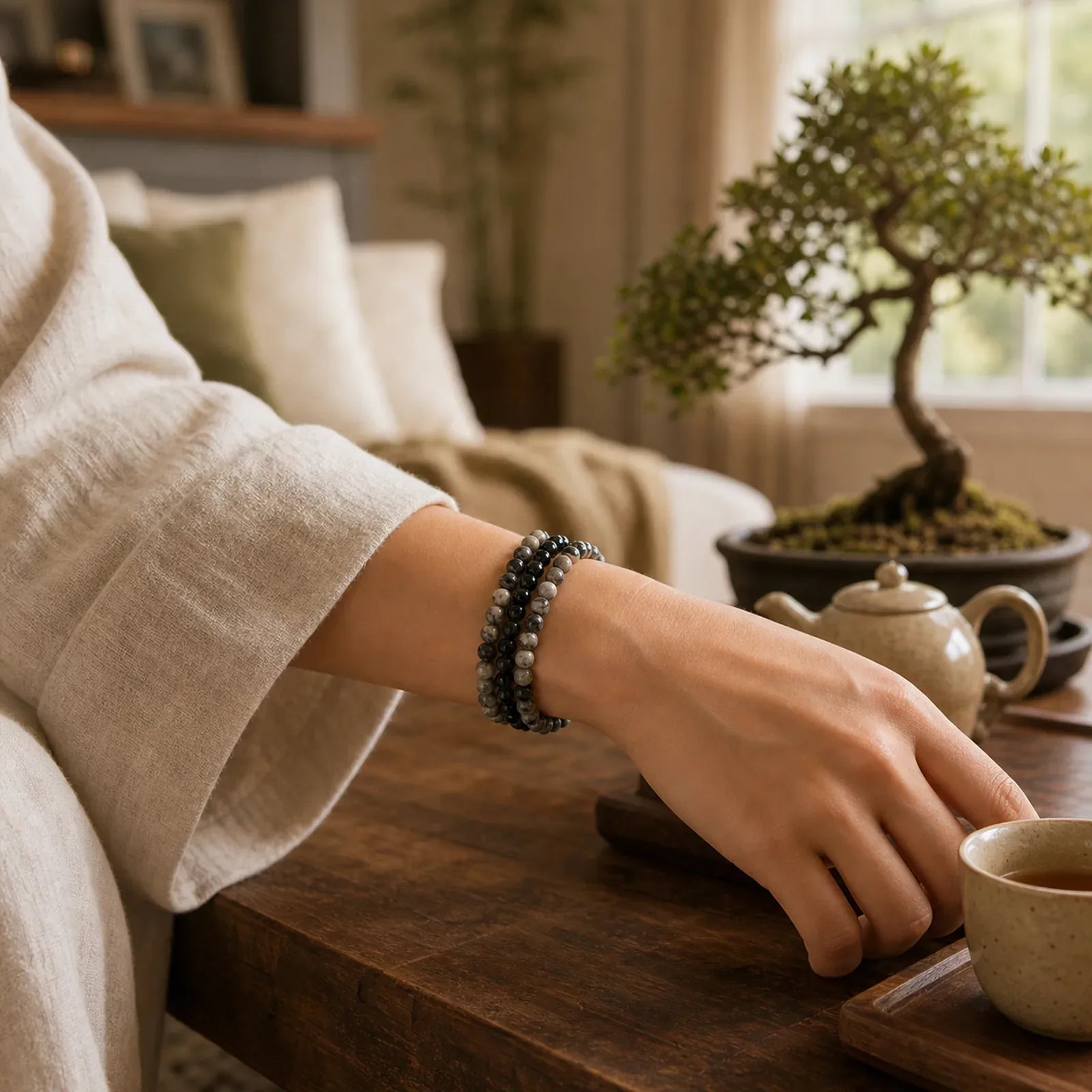 3pcs "Filter the Heavy" Black Veined Strength Bracelet Includes Gift Message Card featuring Black Veined Jasper, Grey Jasper, Black Obsidian