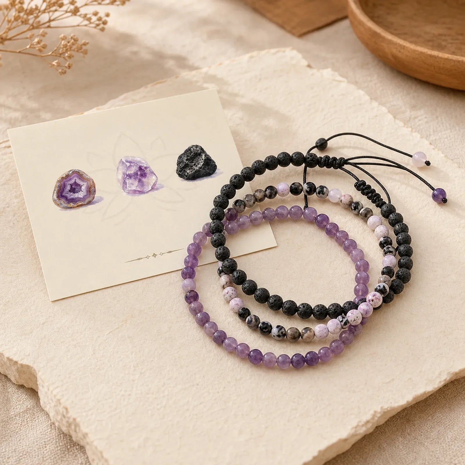 3pcs "Find Your Quiet Center" Fire Agate Clarity Bracelet Includes Gift Message Card featuring Lepidolite, Lava Rock, Purple Agate