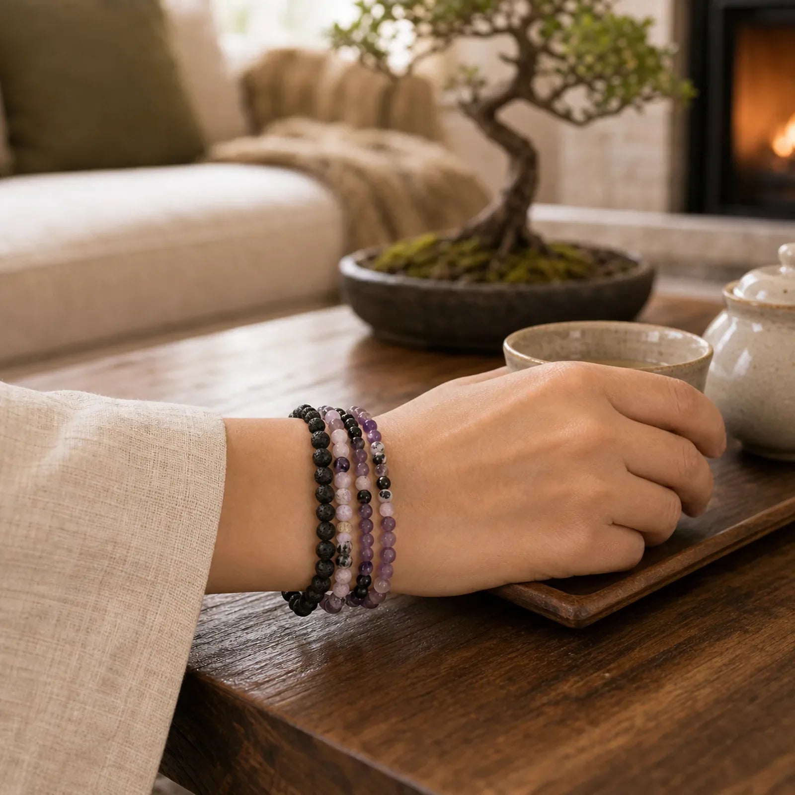 3pcs "Find Your Quiet Center" Fire Agate Clarity Bracelet Includes Gift Message Card featuring Lepidolite, Lava Rock, Purple Agate