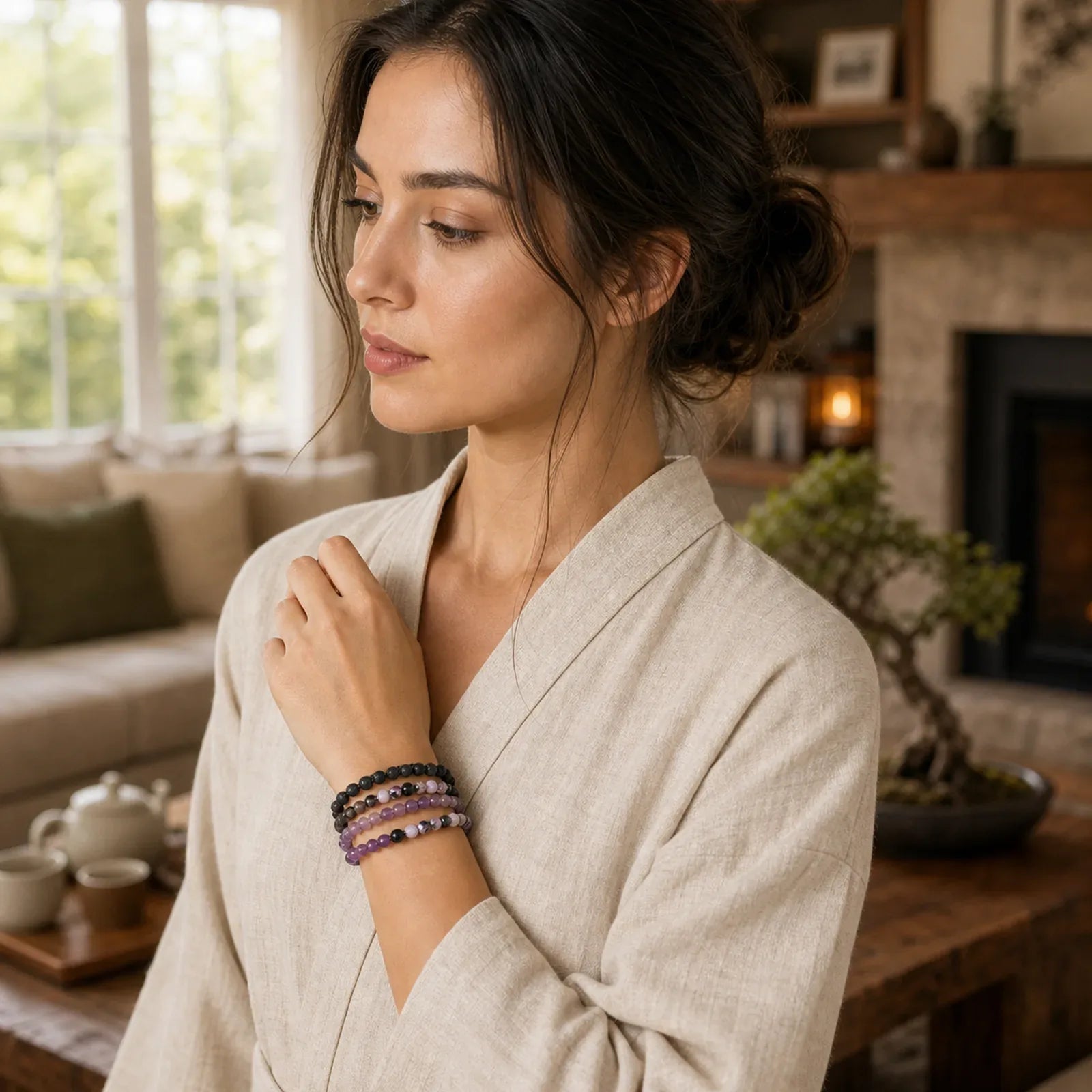 3pcs "Find Your Quiet Center" Fire Agate Clarity Bracelet Includes Gift Message Card featuring Lepidolite, Lava Rock, Purple Agate