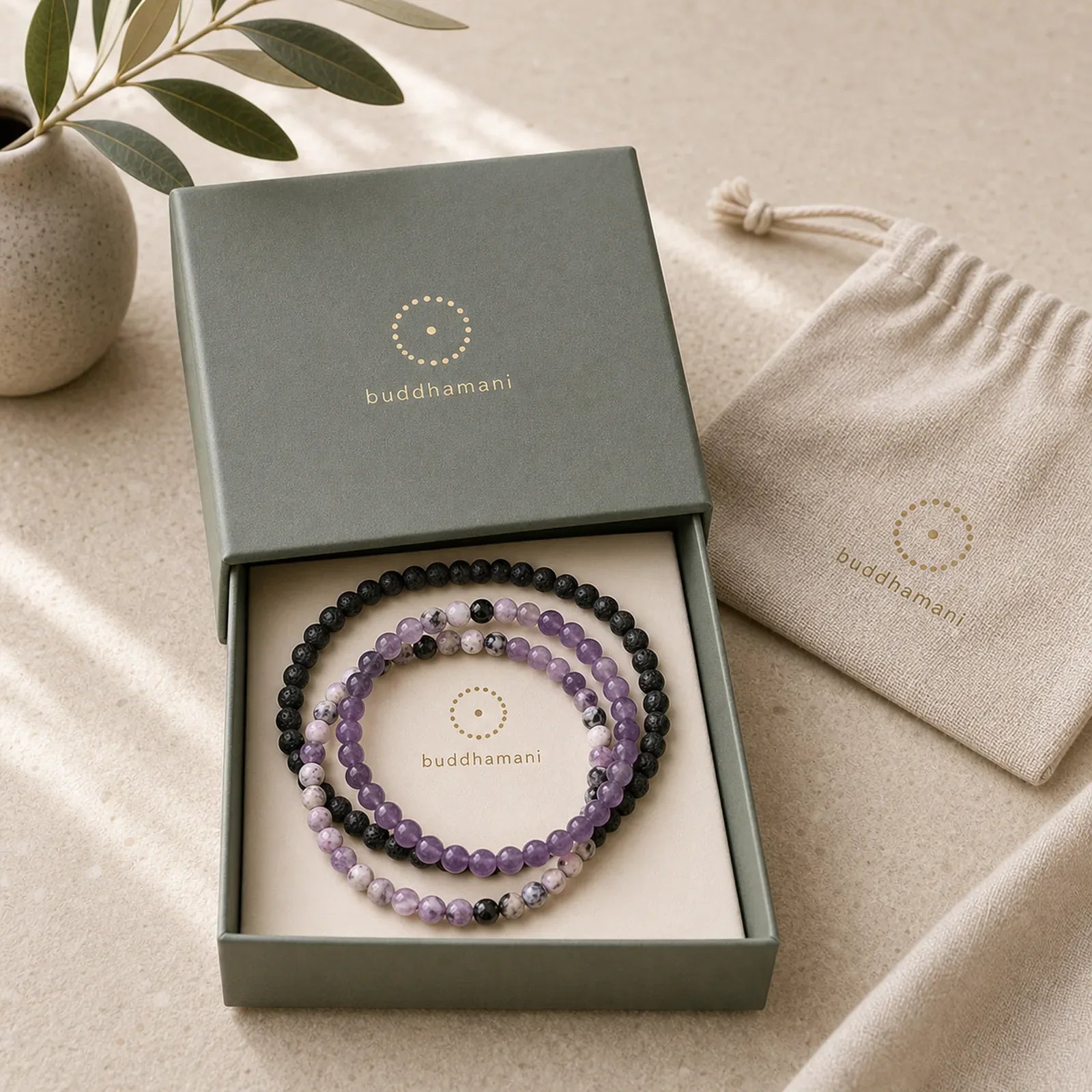 3pcs "Find Your Quiet Center" Fire Agate Clarity Bracelet Includes Gift Message Card featuring Lepidolite, Lava Rock, Purple Agate