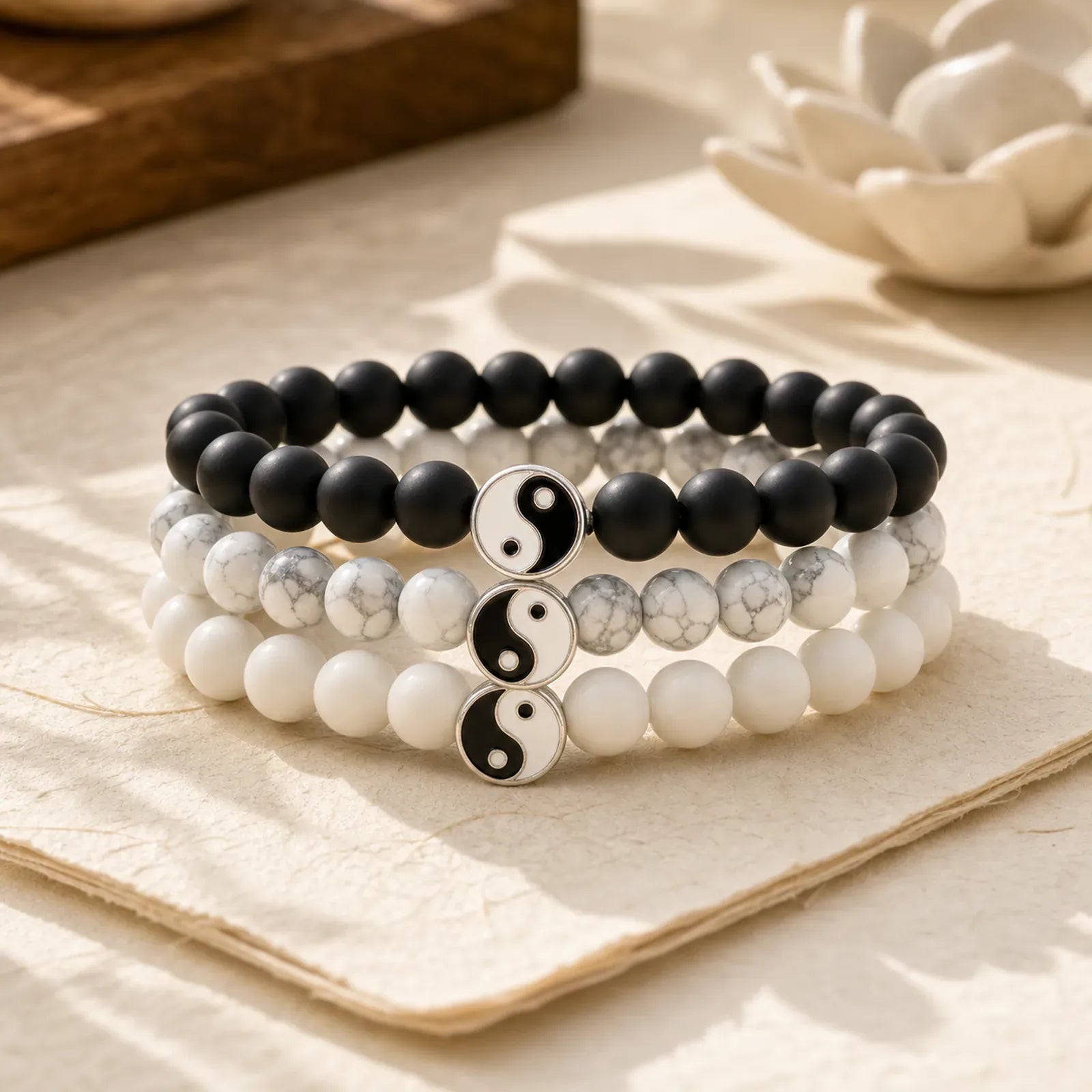 3pcs Natural White Turquoise Frosted Stone Bead Yin Yang Wealth Bracelet (Extra 35% Off | USE CODE: FS35) featuring White Turquoise, Turquoise, Frosted Stone