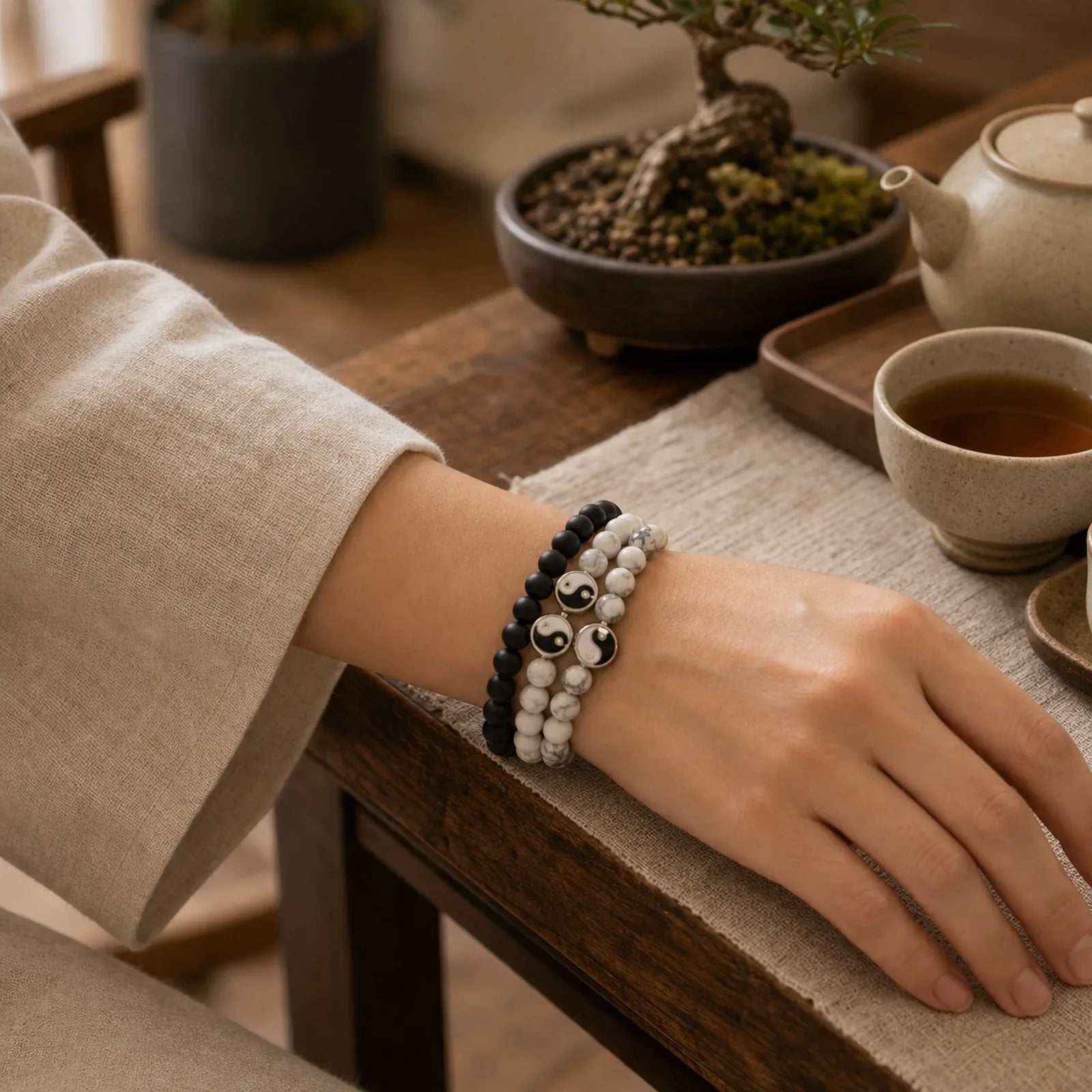 3pcs Natural White Turquoise Frosted Stone Bead Yin Yang Wealth Bracelet (Extra 35% Off | USE CODE: FS35) featuring White Turquoise, Turquoise, Frosted Stone