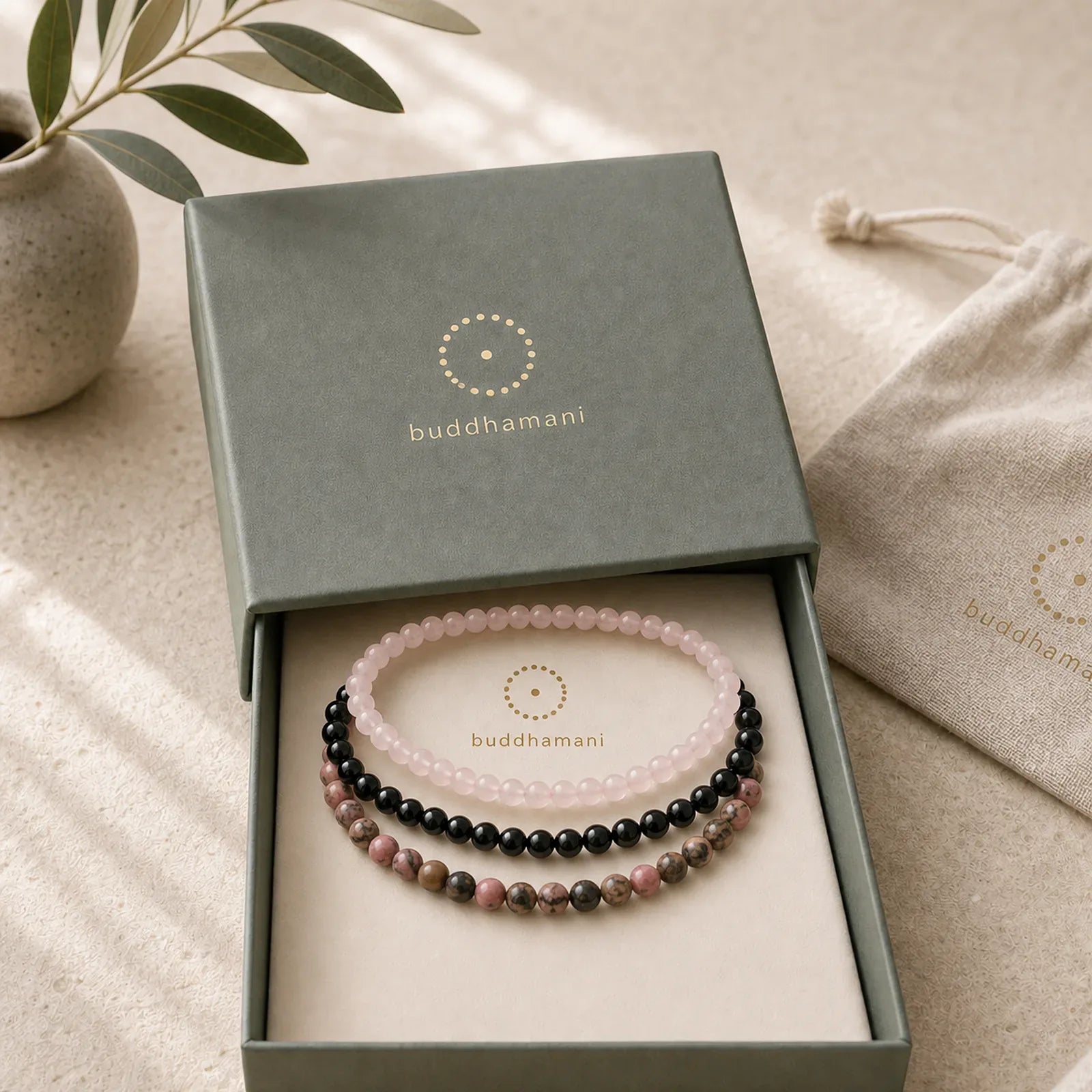3pcs "Open Your Heart" Rhodonite Healing Bracelet Includes Gift Message Card featuring Rhodonite, Black Obsidian, Rose Quartz