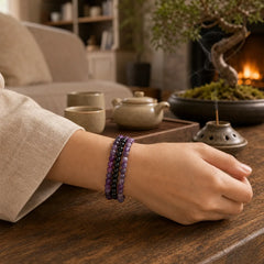 3pcs "Protect Your Inner Calm" Purple Striped Agate Bracelet Includes Gift Message Card featuring Purple Agate, Amethyst, Black Obsidian