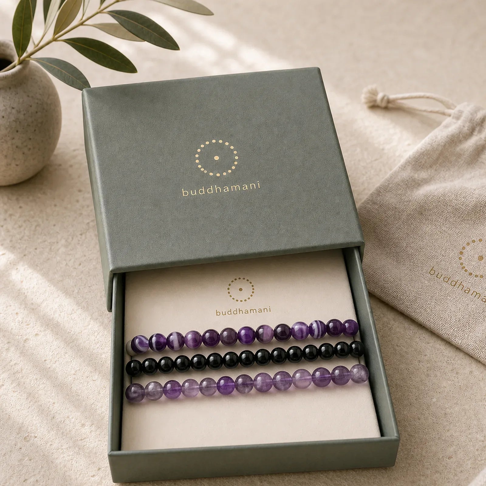 3pcs "Protect Your Inner Calm" Purple Striped Agate Bracelet Includes Gift Message Card featuring Purple Agate, Amethyst, Black Obsidian