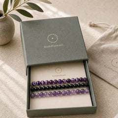 3pcs "Protect Your Inner Calm" Purple Striped Agate Bracelet Includes Gift Message Card featuring Purple Agate, Amethyst, Black Obsidian