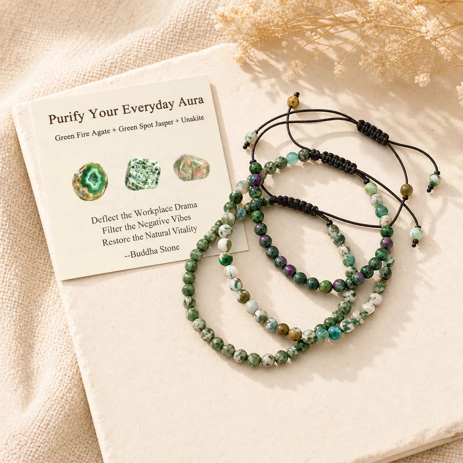 3pcs "Purify Your Everyday Aura" Fire Agate Balance Bracelet Includes Gift Message Card featuring Unakite, Green Agate, Green Spot Stone